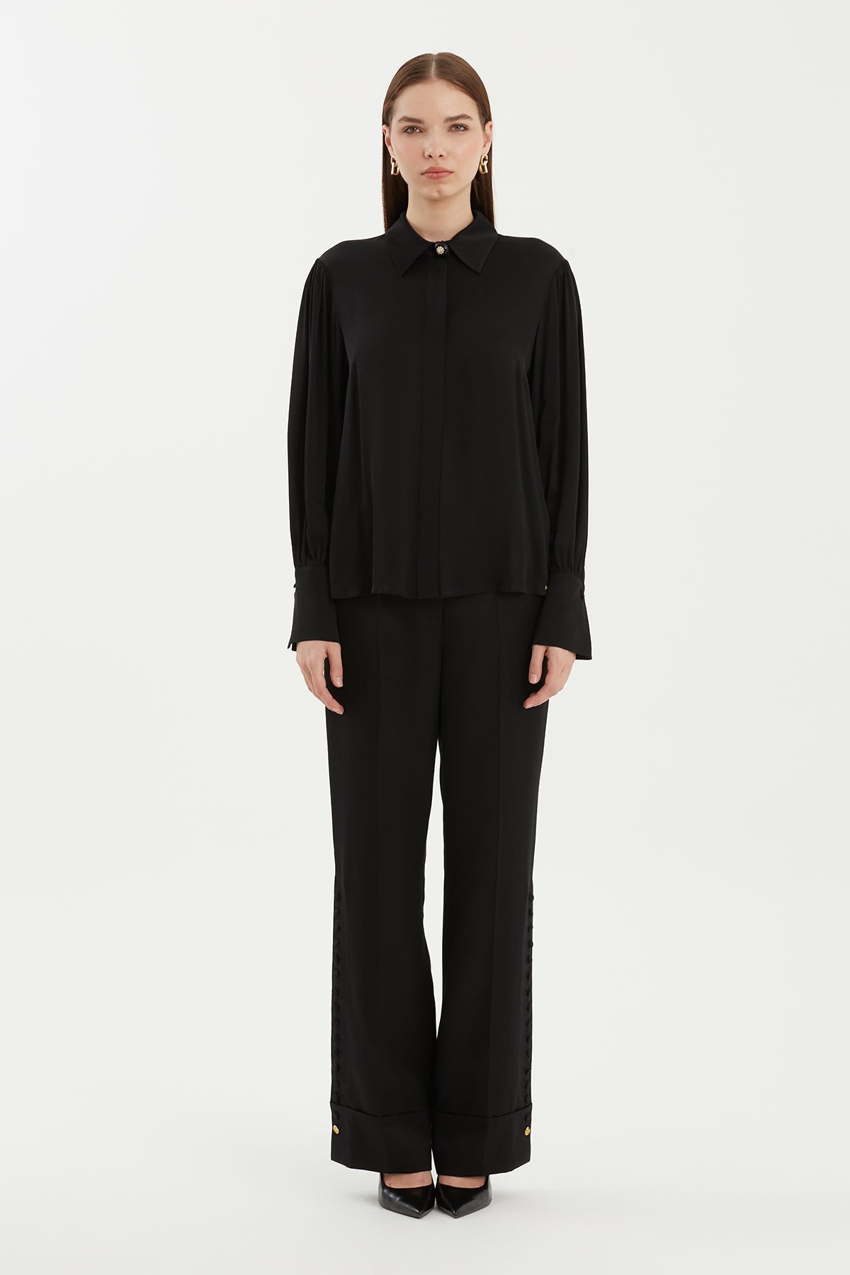 Black Brooch-Collar Shirt