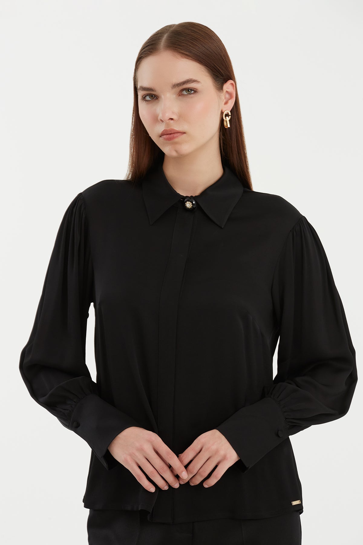 Black Brooch-Collar Shirt