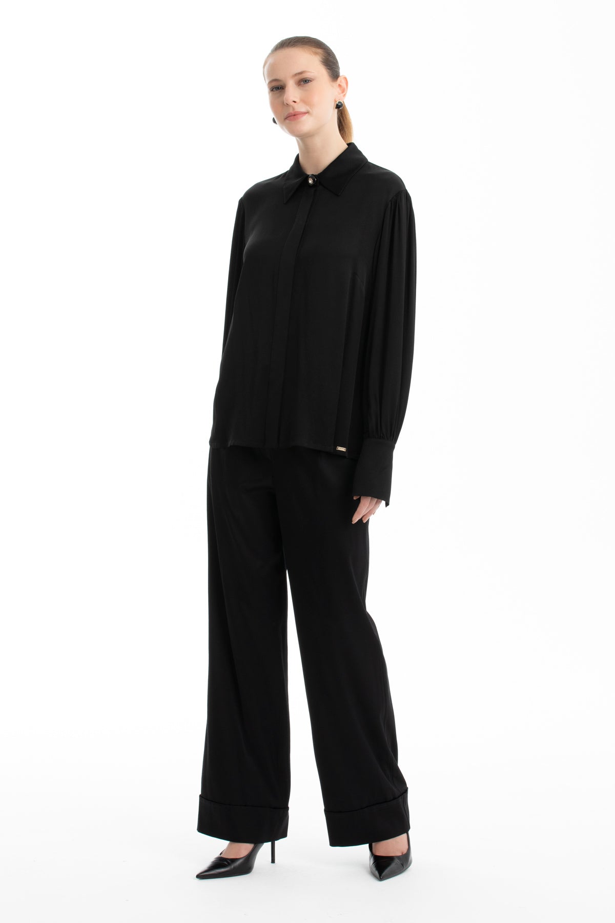 Black Brooch-Collar Shirt