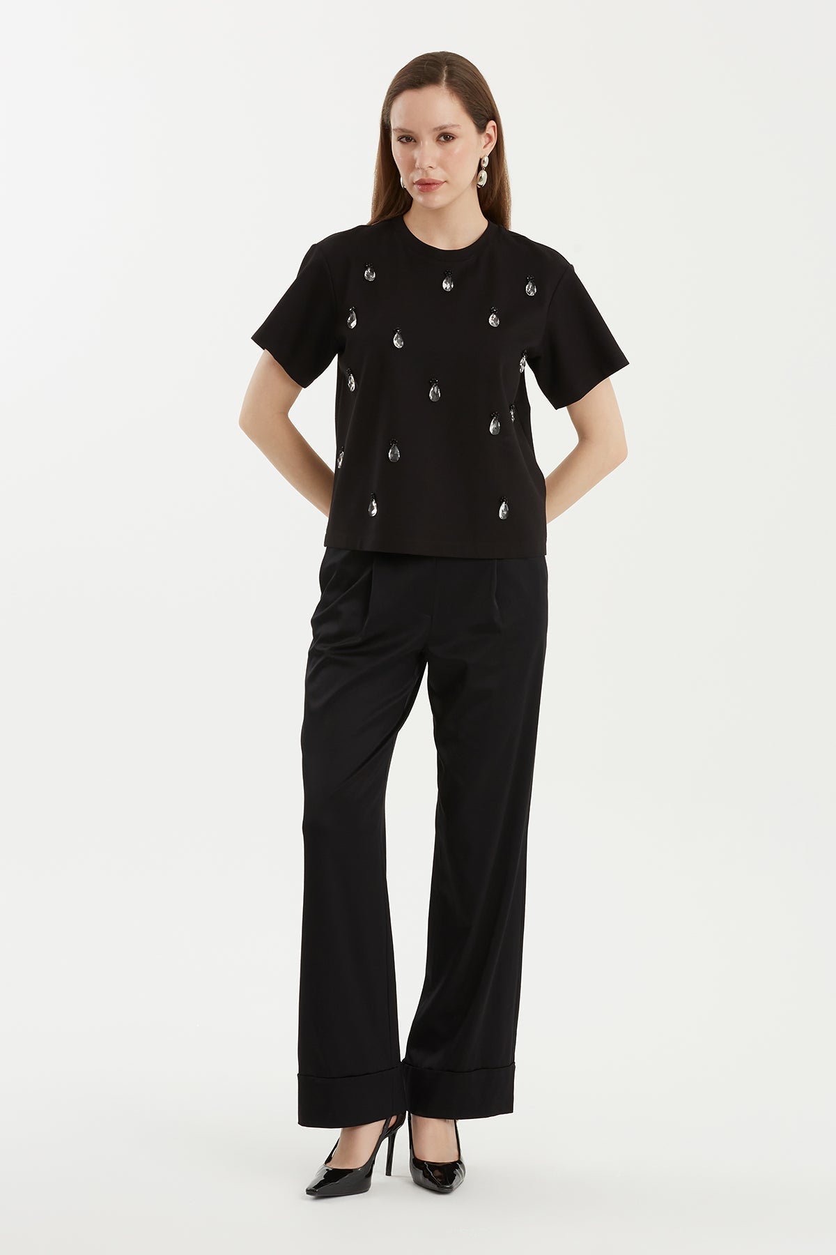 Black Beaded Boat-Neck T-Shirt