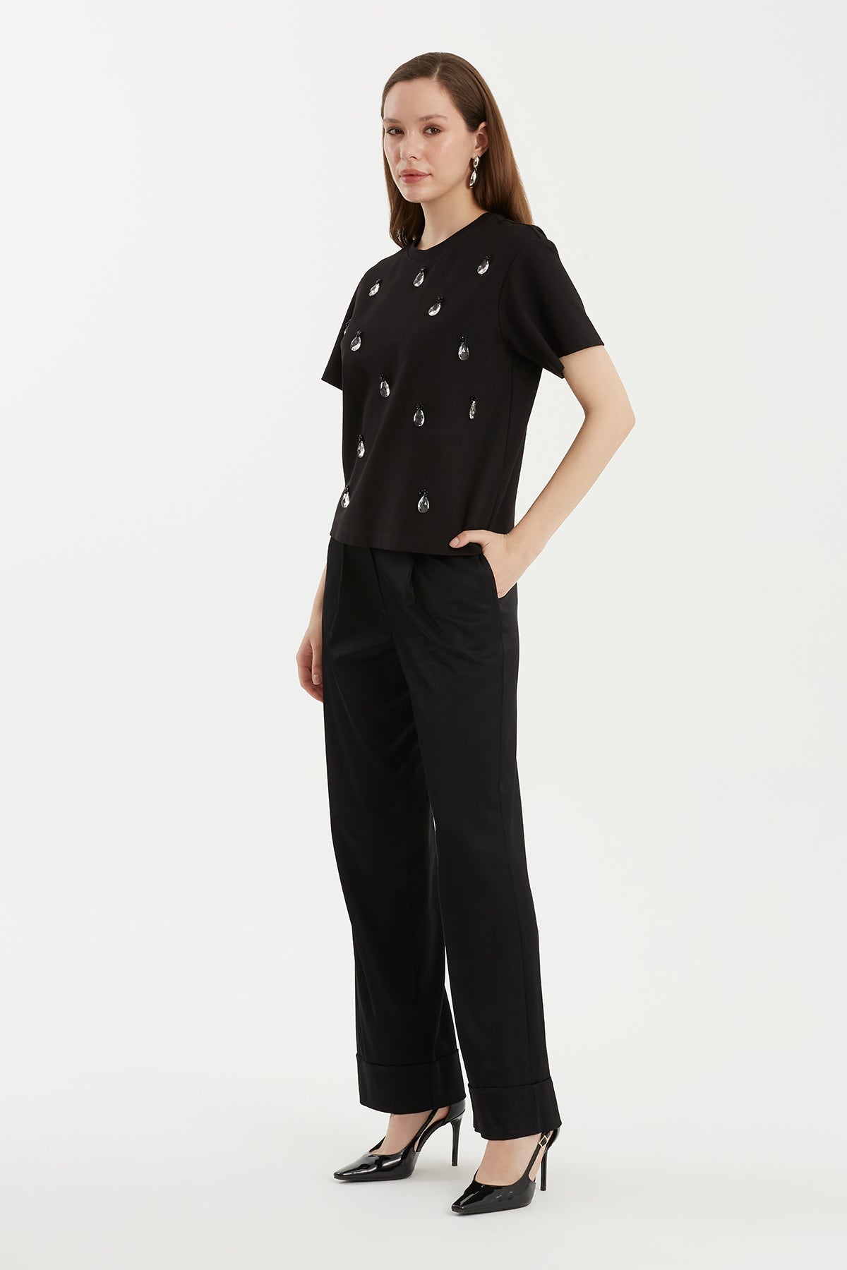 Black Beaded Boat-Neck T-Shirt