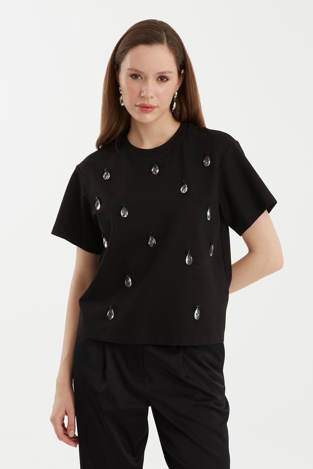 Black Beaded Boat-Neck T-Shirt