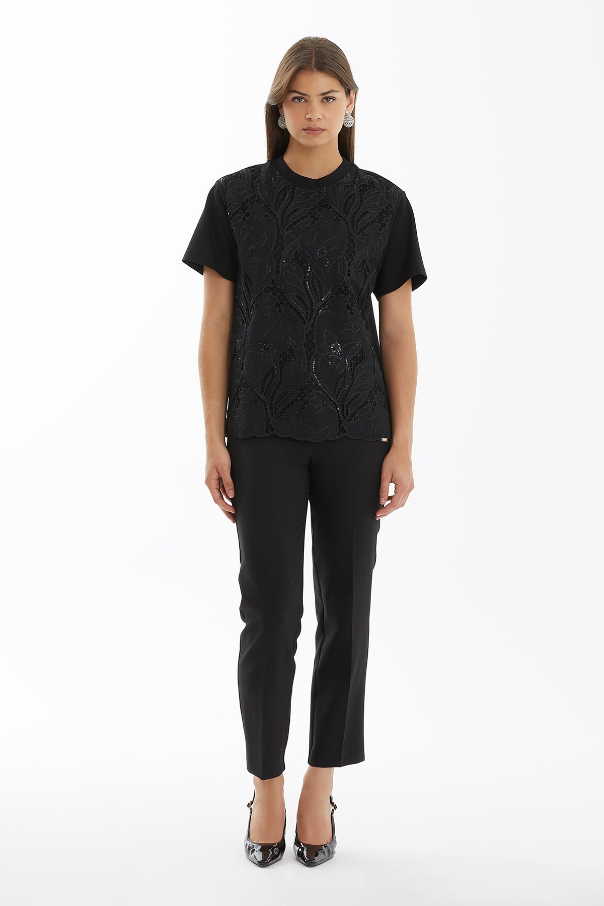 Black Front-Print Boat-Neck T-Shirt