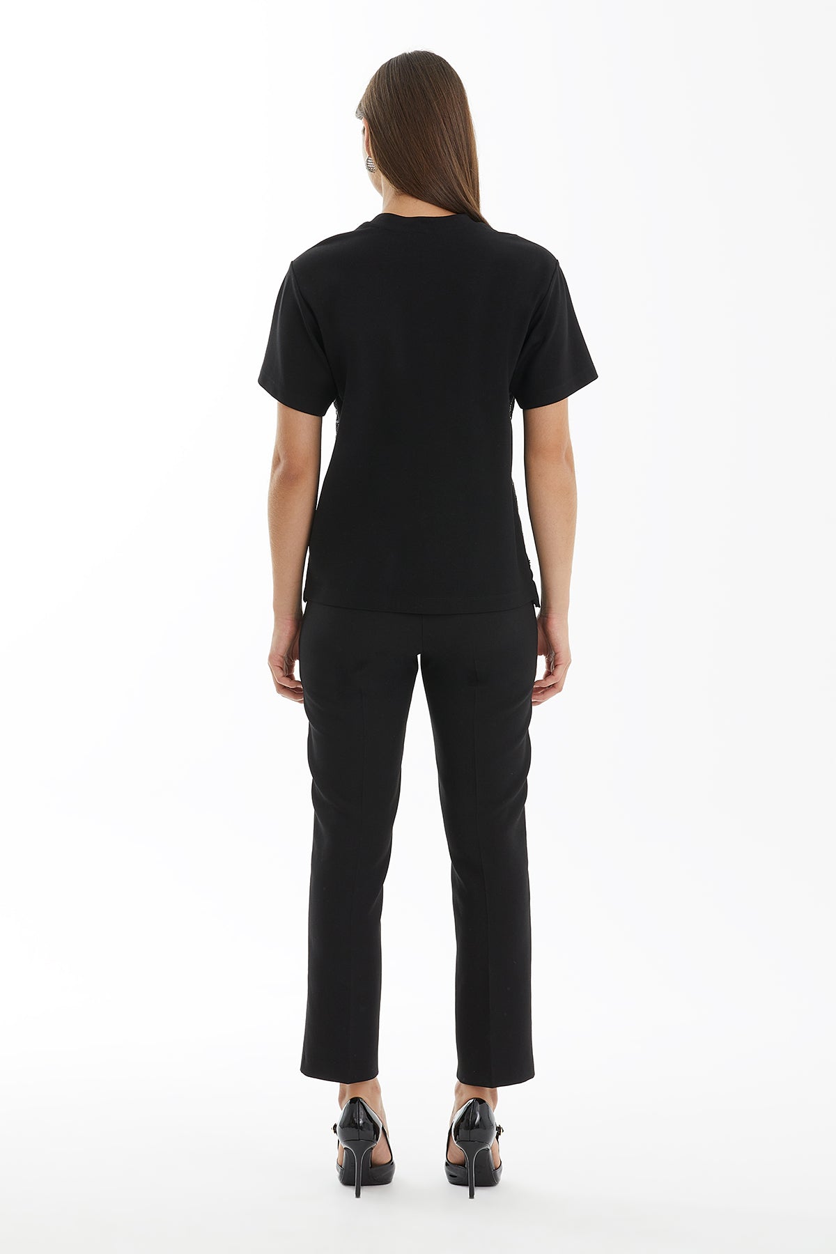 Black Front-Print Boat-Neck T-Shirt