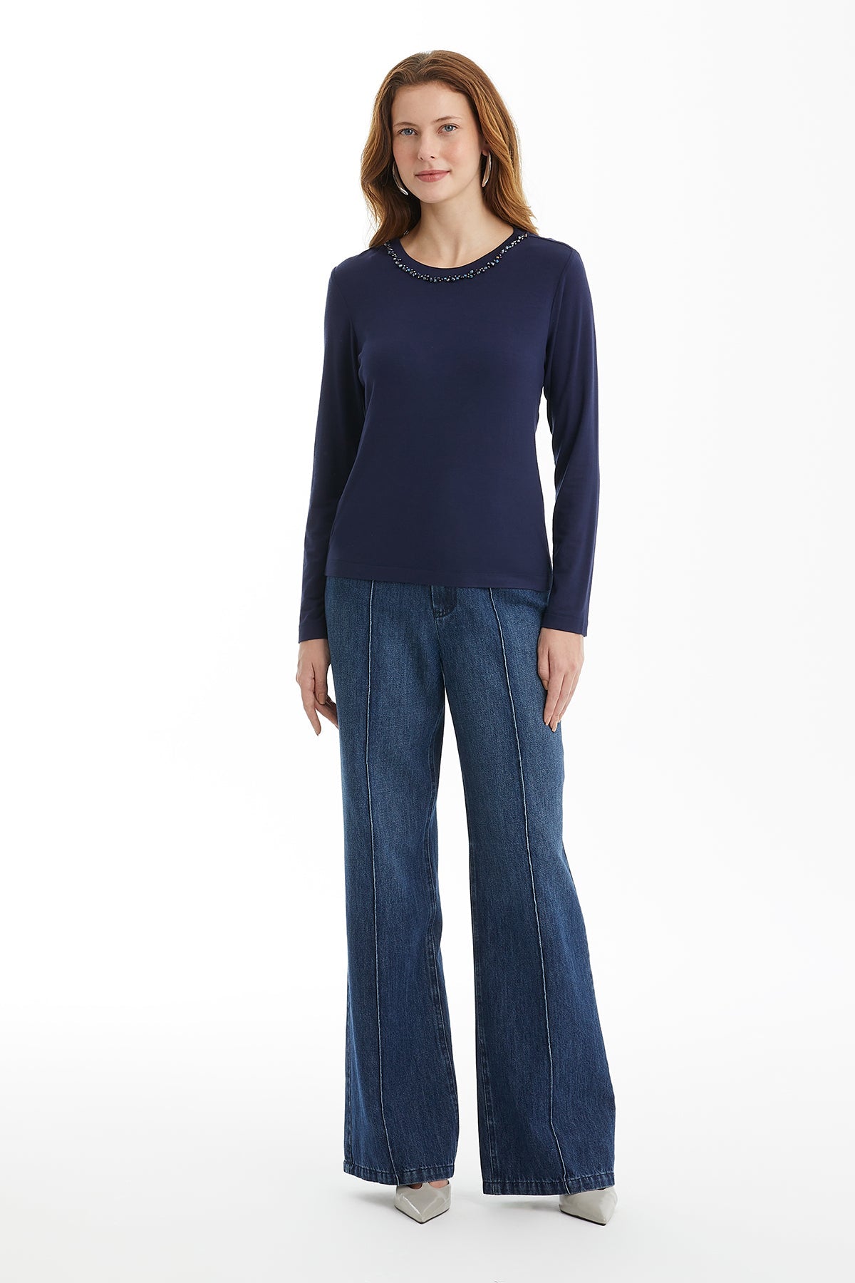Dark Navy Crystal-Collar Long-Sleeve Blouse