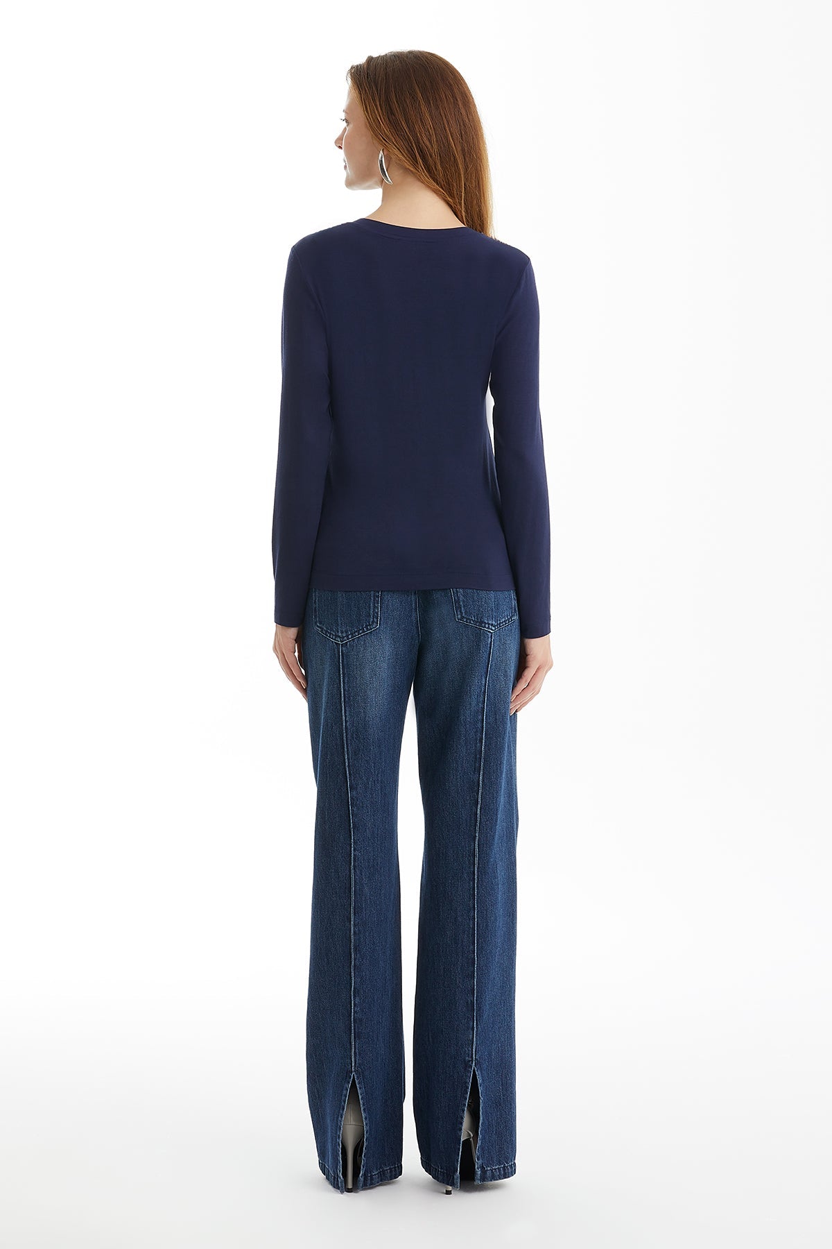 Dark Navy Crystal-Collar Long-Sleeve Blouse