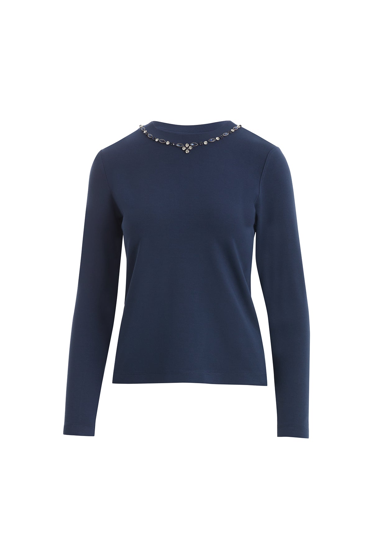 Dark Navy Long-Sleeve Crystal-Collar Blouse
