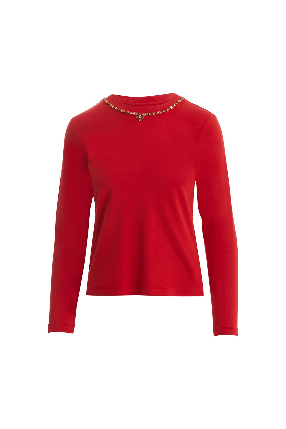 Red Long-Sleeve Crystal-Collar Blouse