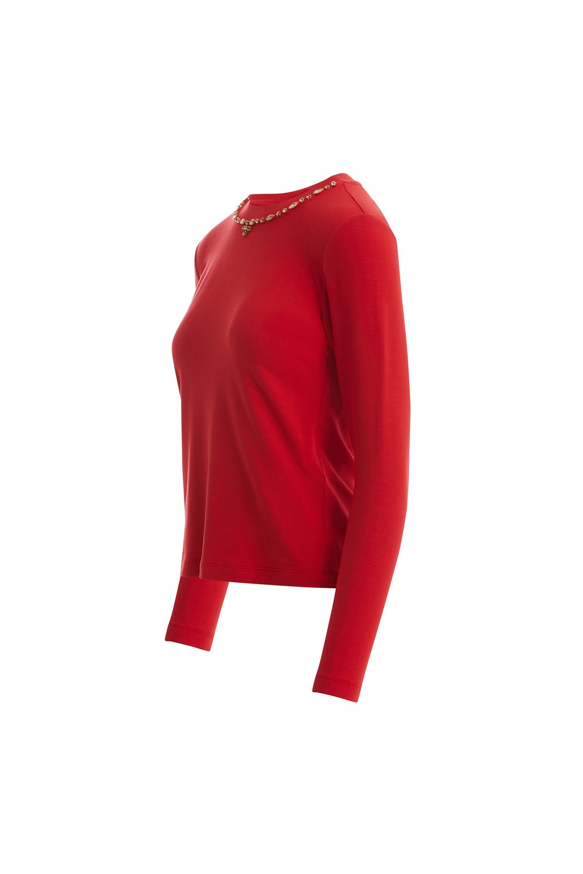 Red Long-Sleeve Crystal-Collar Blouse