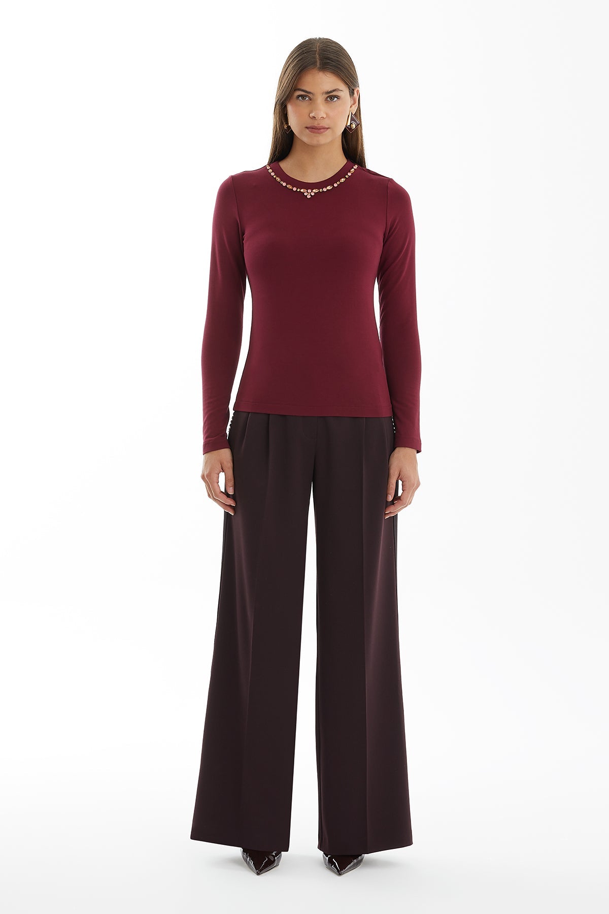 Red Long-Sleeve Crystal-Collar Blouse