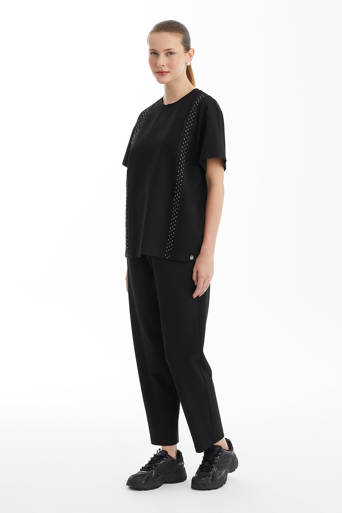 Black Ribbon-Trim Embellished T-Shirt