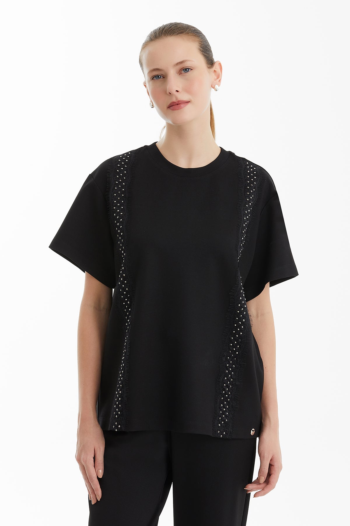 Black Ribbon-Trim Embellished T-Shirt