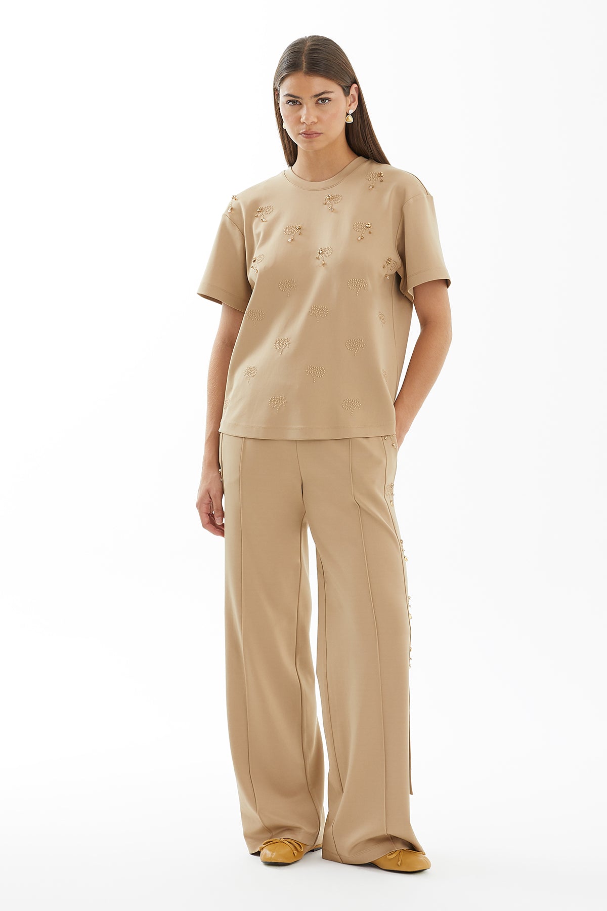 Beige Raised Embroidery T-Shirt