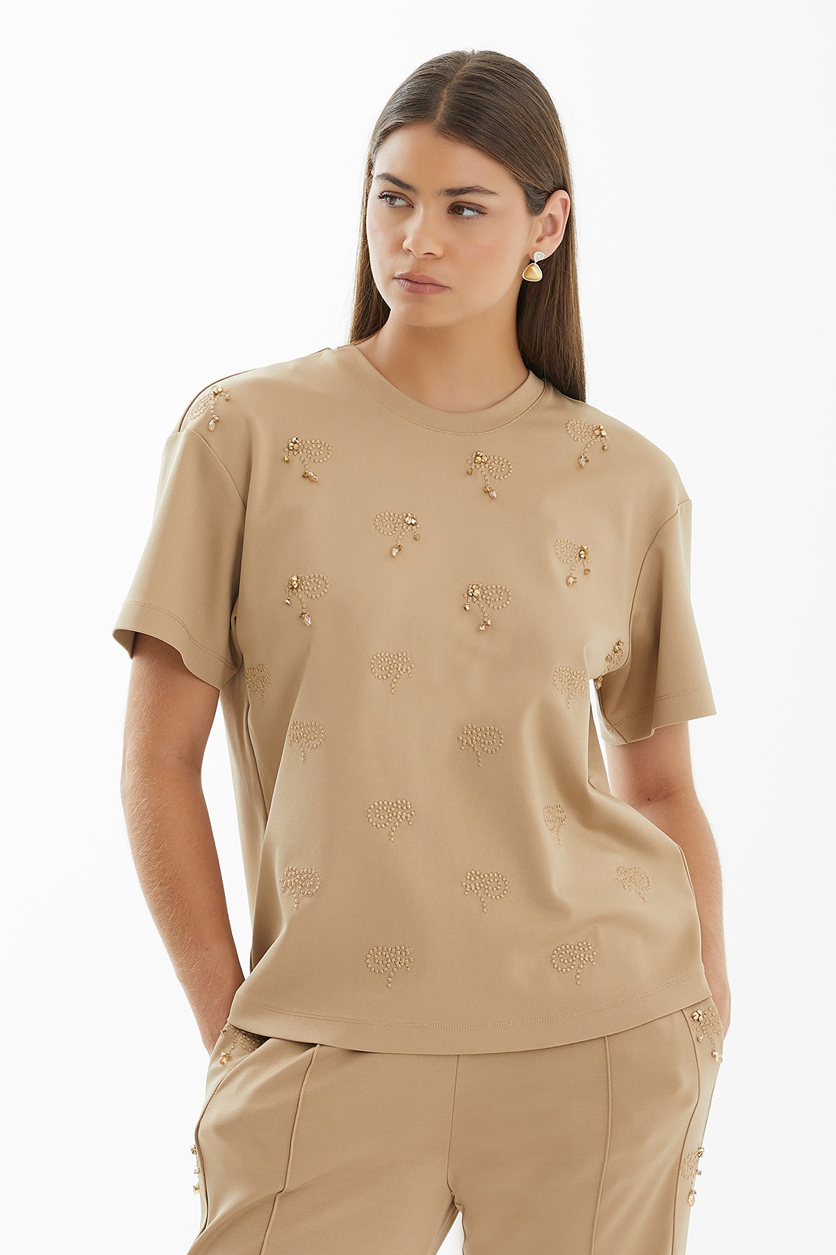 Beige Raised Embroidery T-Shirt