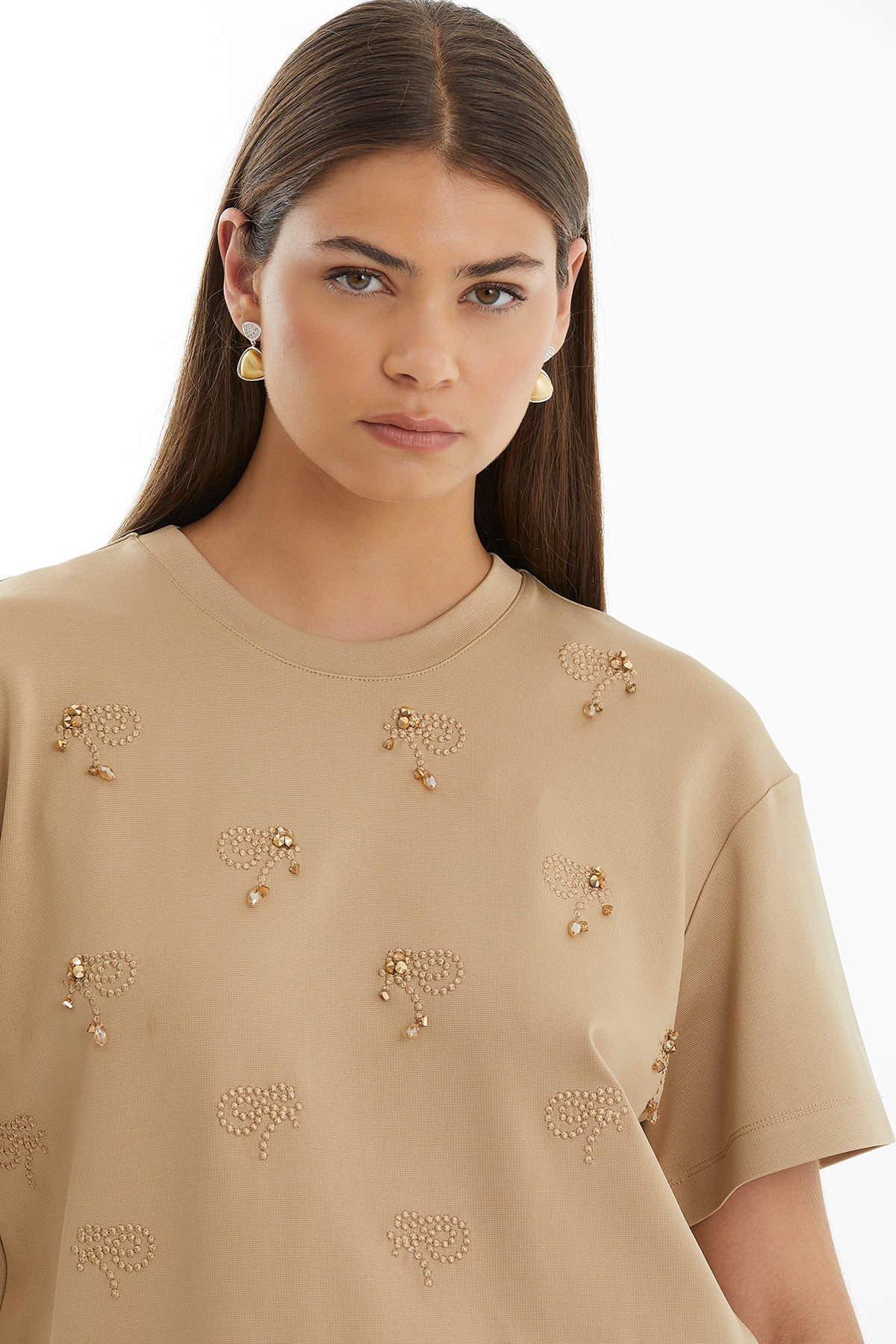 Beige Raised Embroidery T-Shirt
