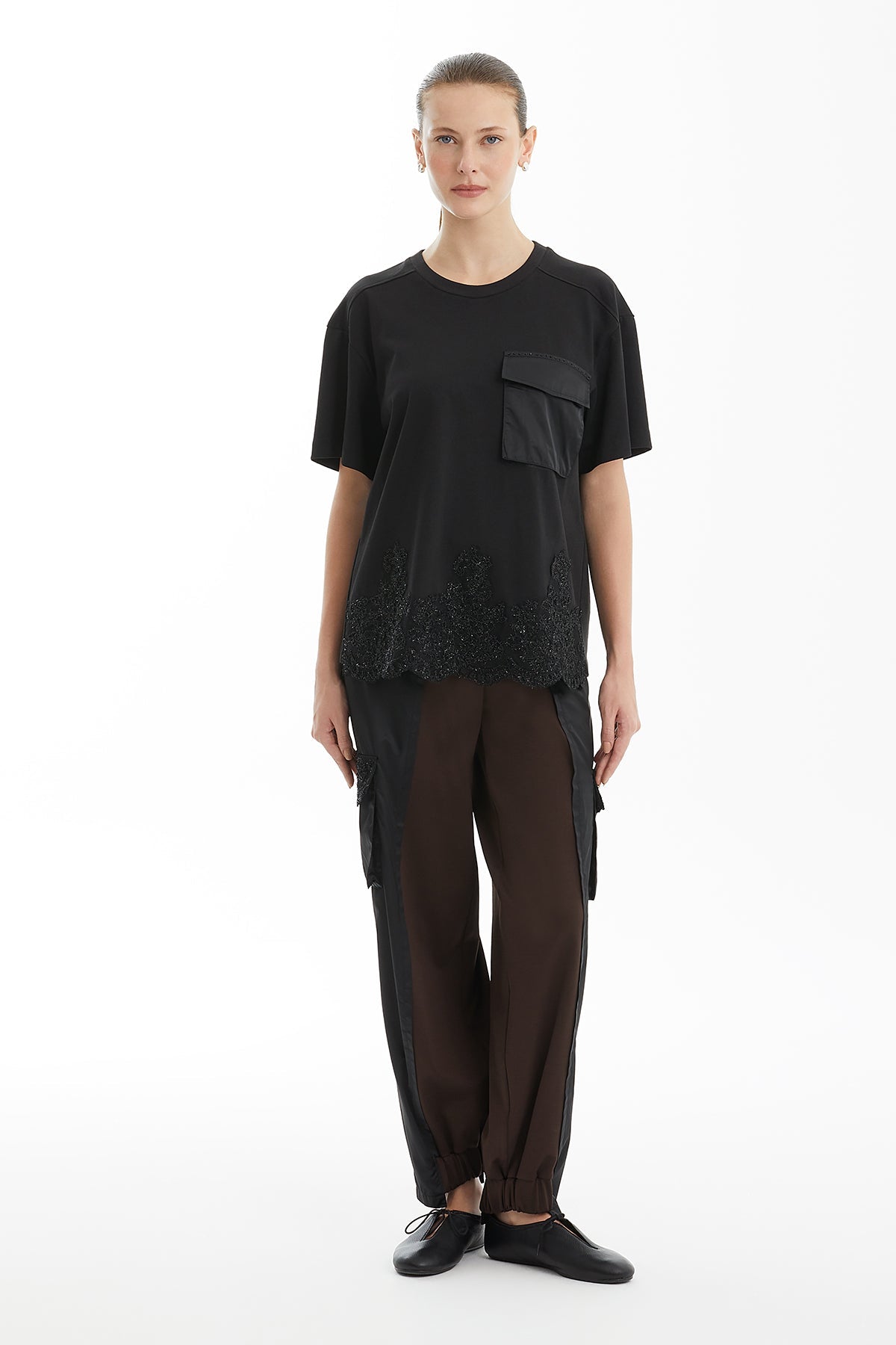 Black Shimmering Lace-Detail Pocket T-Shirt