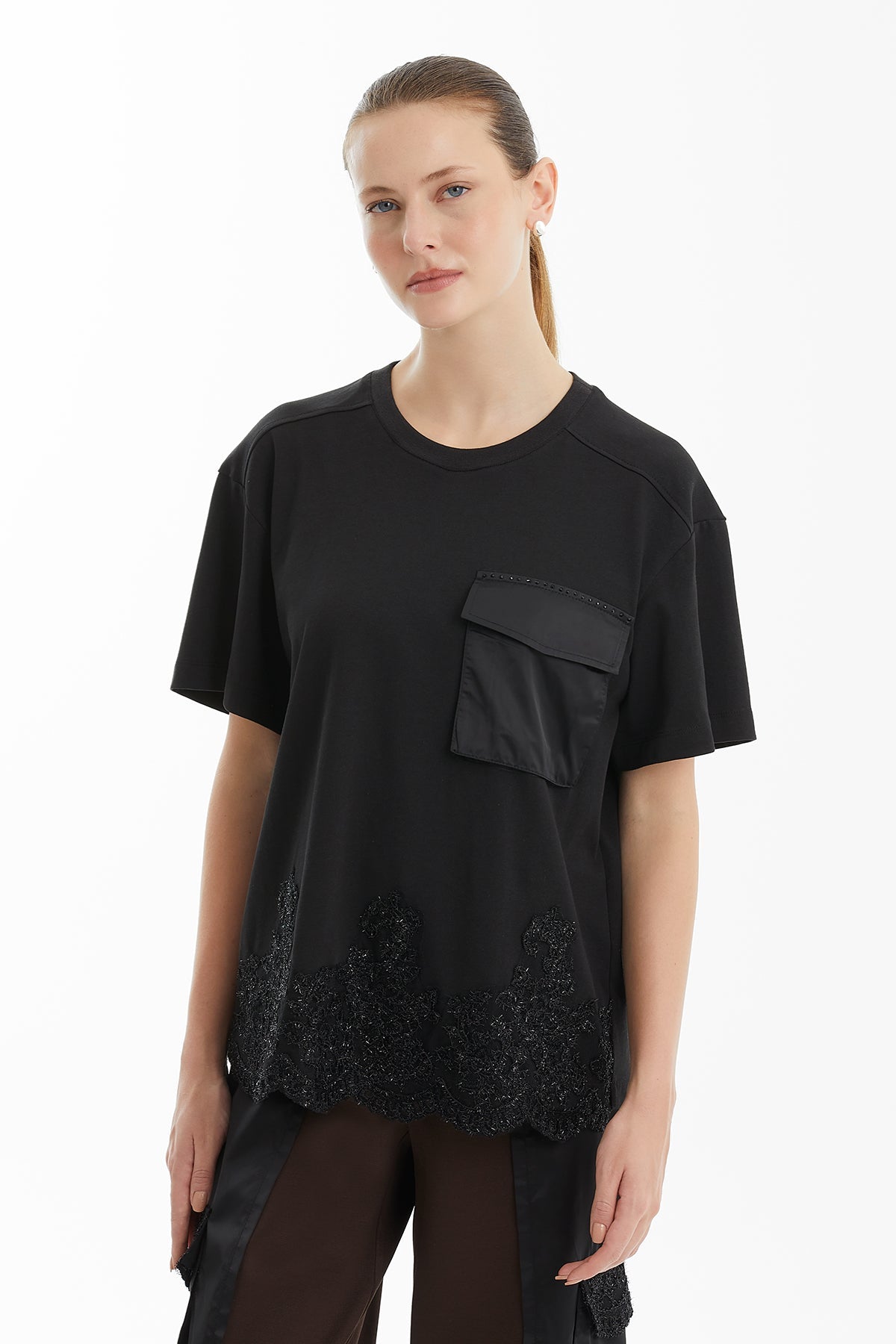 Black Shimmering Lace-Detail Pocket T-Shirt