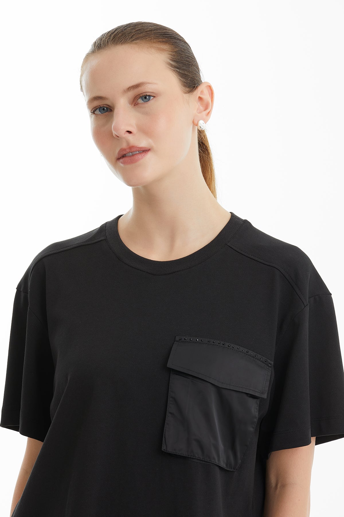 Black Shimmering Lace-Detail Pocket T-Shirt