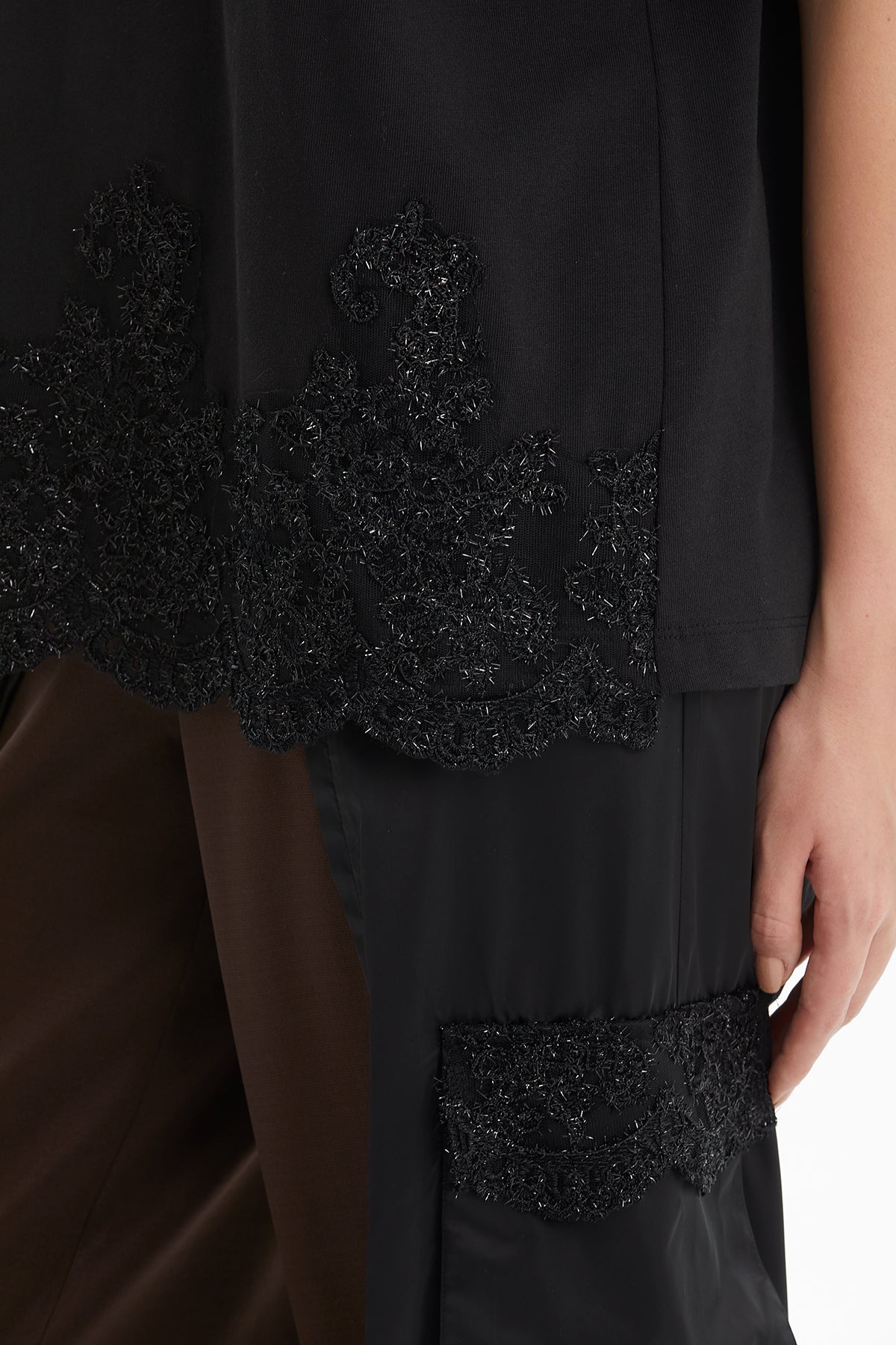 Black Shimmering Lace-Detail Pocket T-Shirt