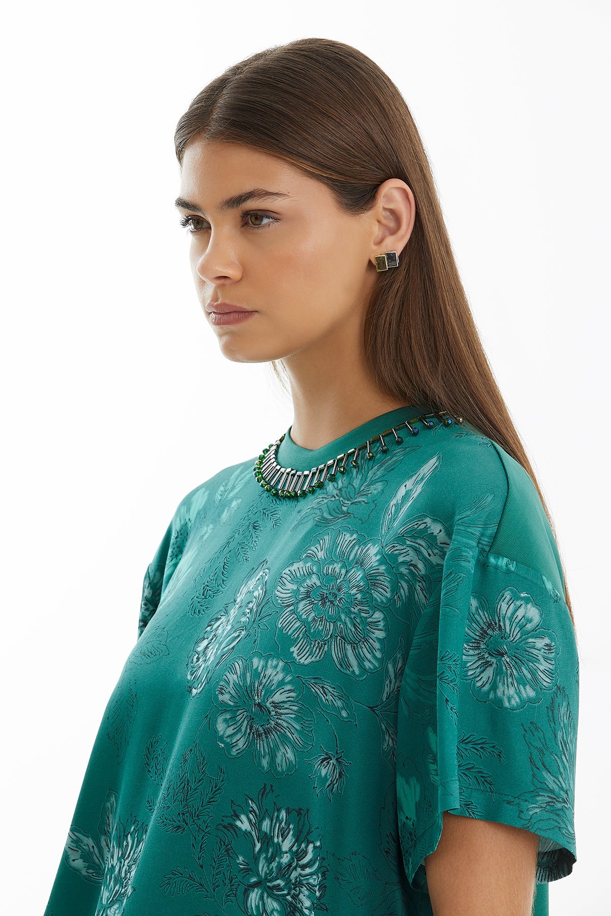 Green Relaxed-Fit Contrast Pattern Blouse