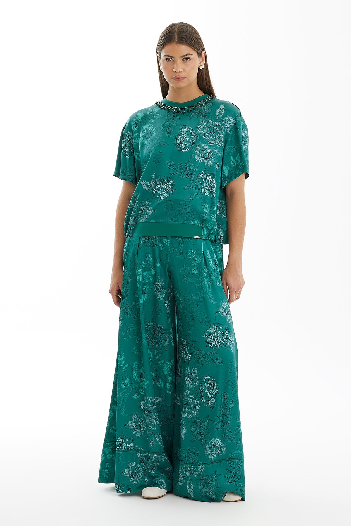 Green Relaxed-Fit Contrast Pattern Blouse