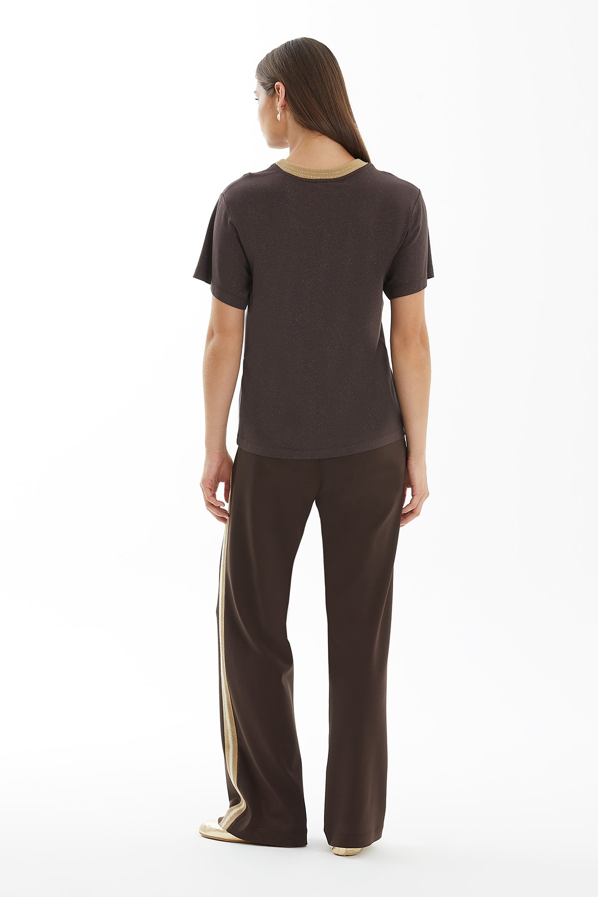 Brown Lustrous T-Shirt with Knit Collar