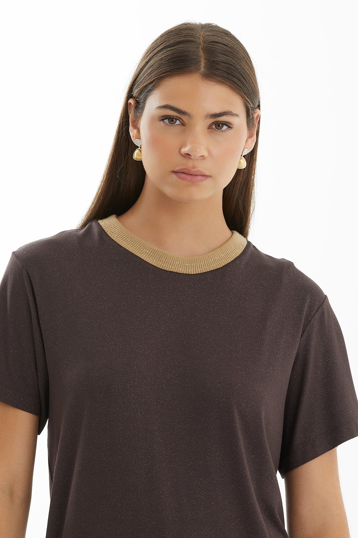Brown Lustrous T-Shirt with Knit Collar