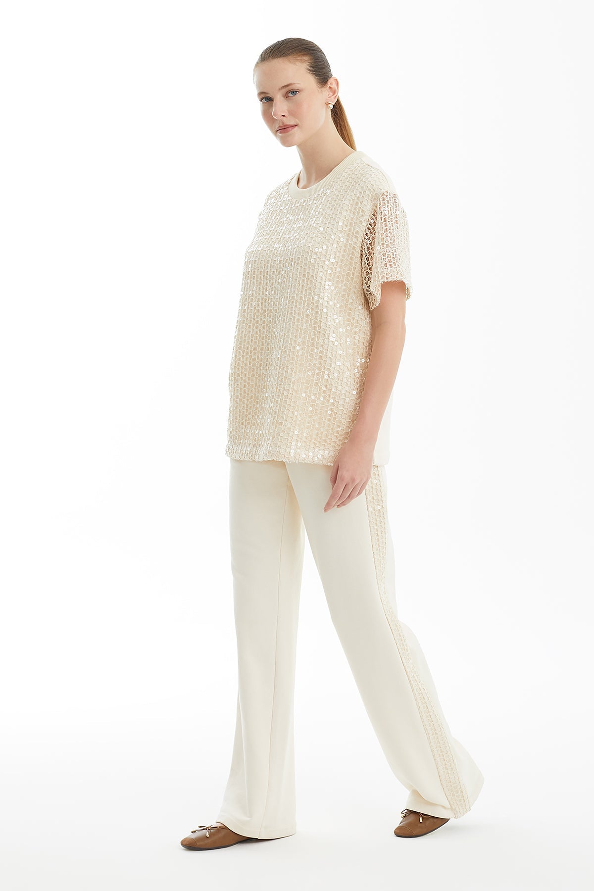 Ecru Sequin Detail Knit T-Shirt