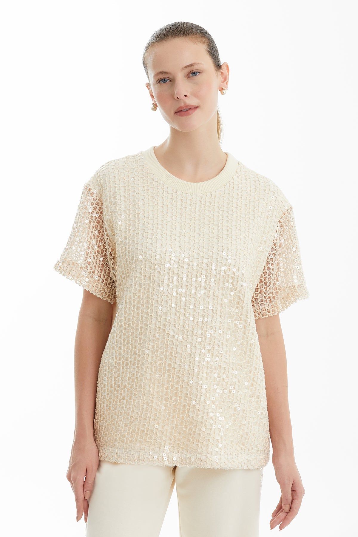 Ecru Sequin Detail Knit T-Shirt