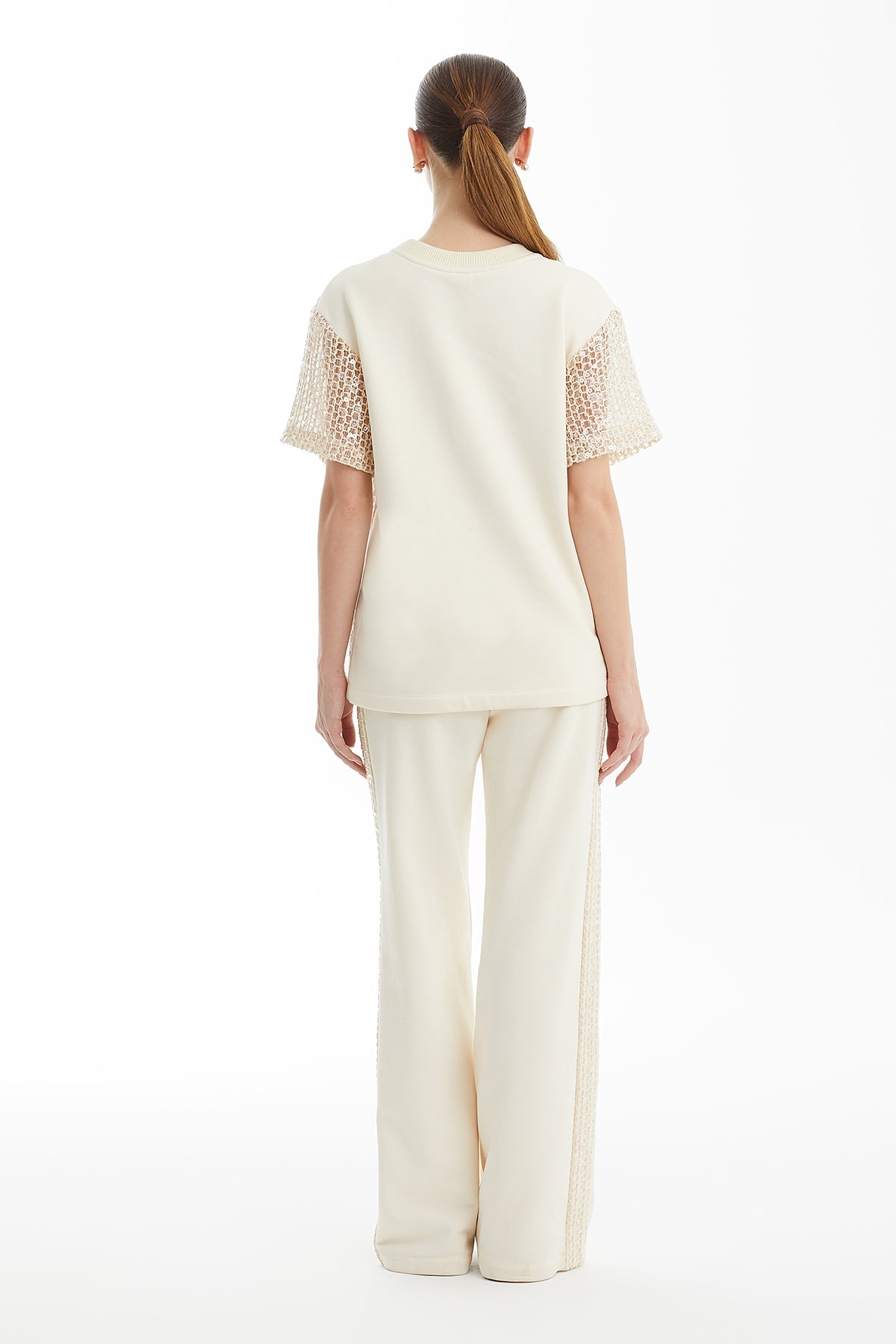 Ecru Sequin Detail Knit T-Shirt