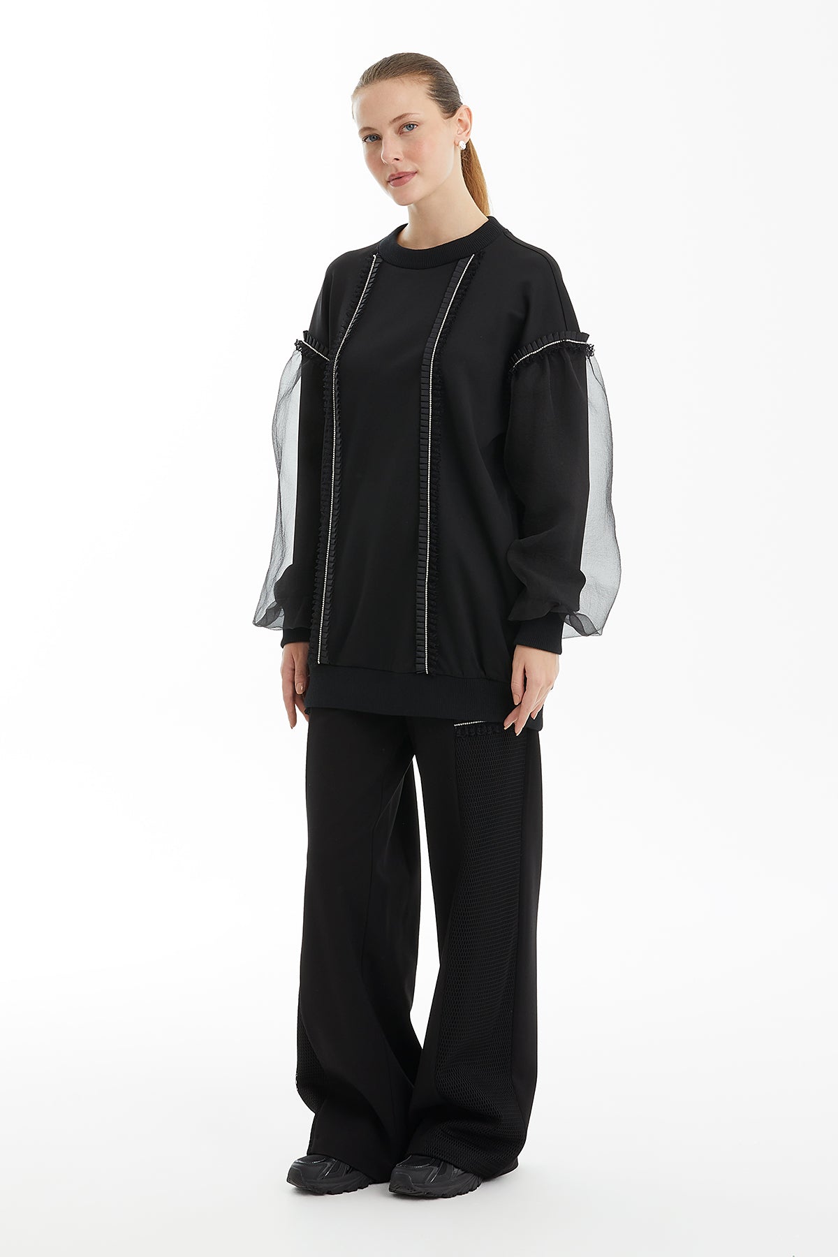 Black Organza-Detail Sweatshirt with Stone Trim