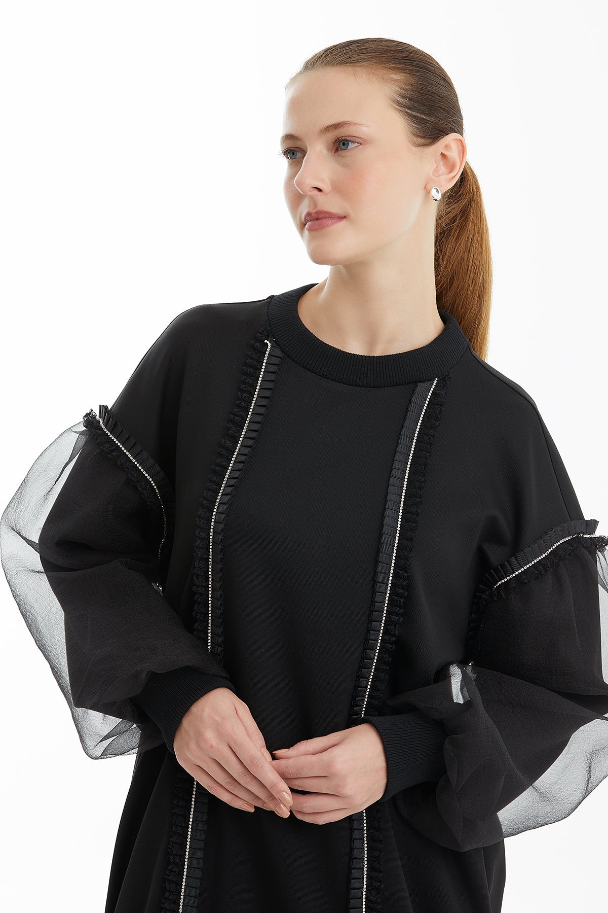 Black Organza-Detail Sweatshirt with Stone Trim