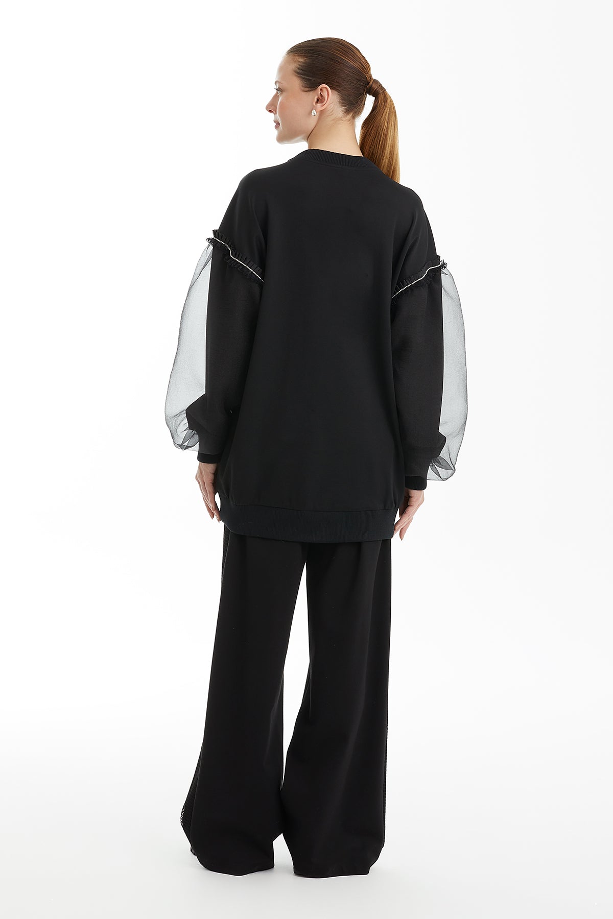 Black Organza-Detail Sweatshirt with Stone Trim