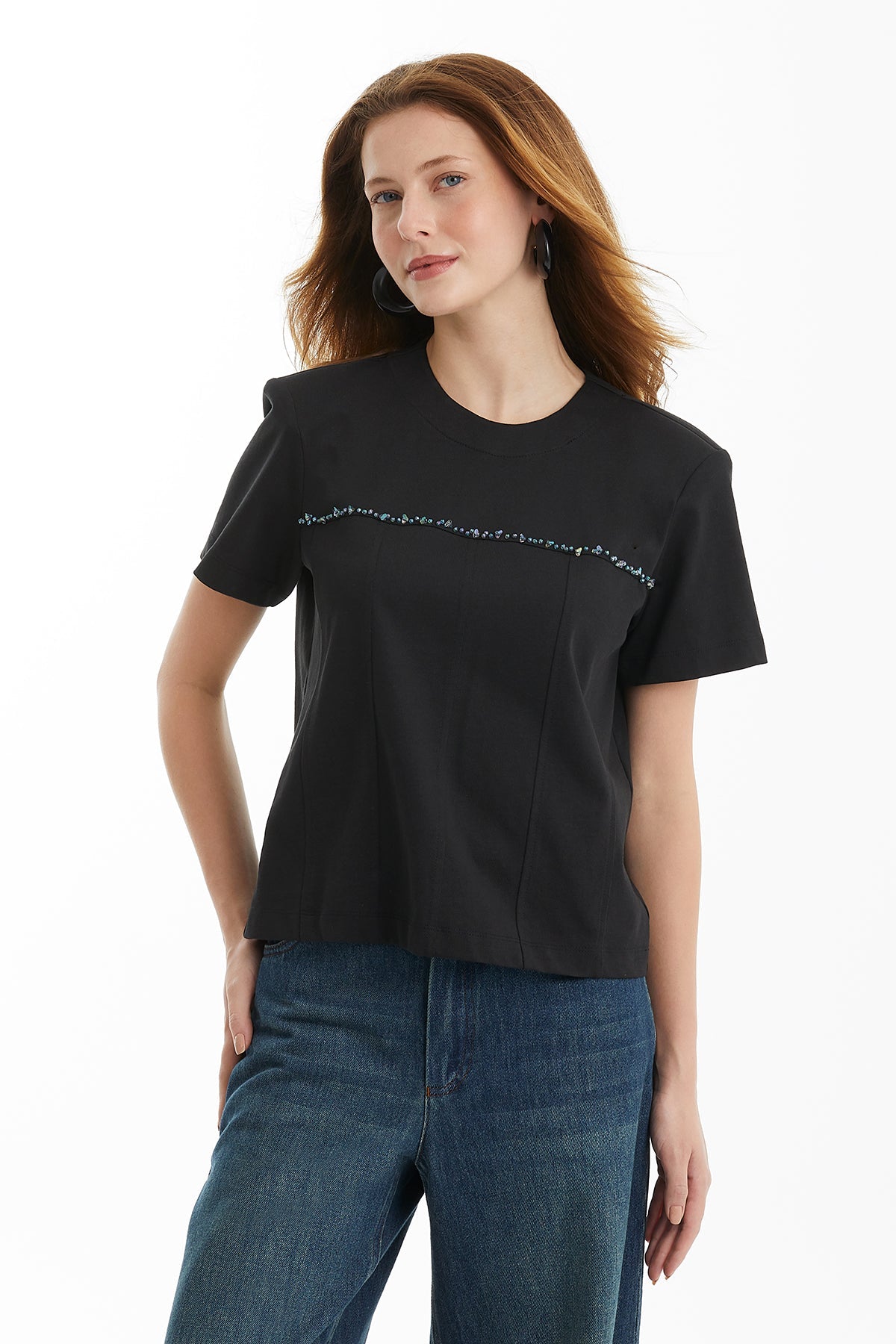 Black Embroidered Panel T-Shirt