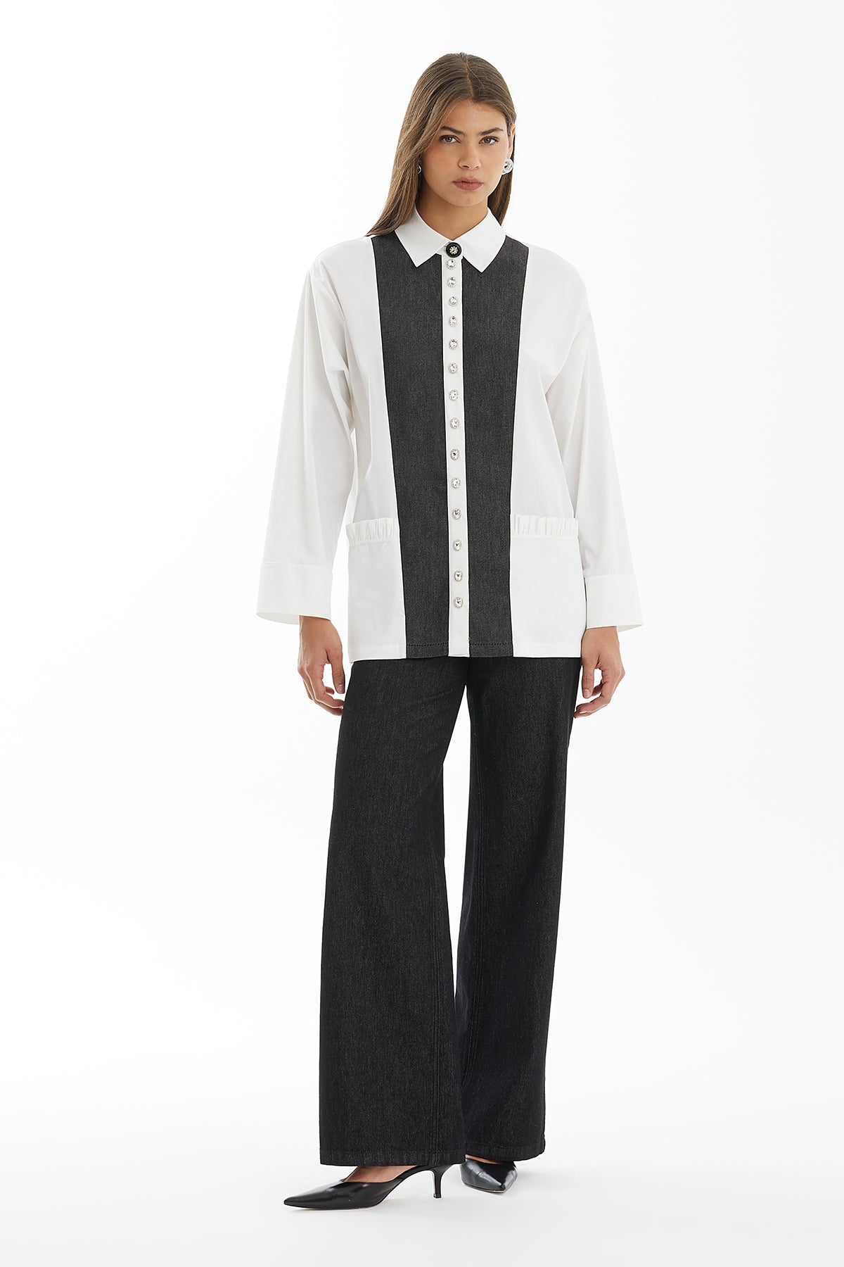 White Contrast Button-Detail Shirt