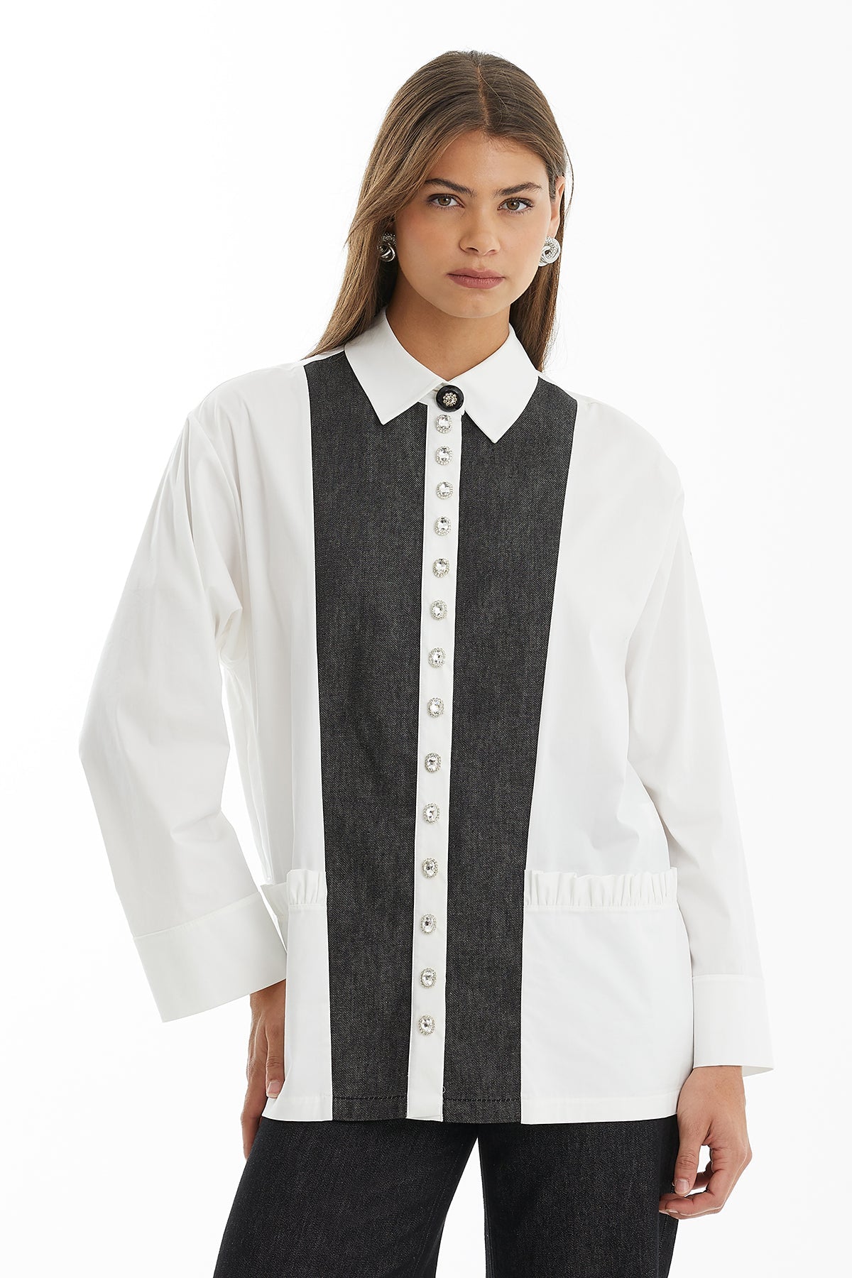 White Contrast Button-Detail Shirt