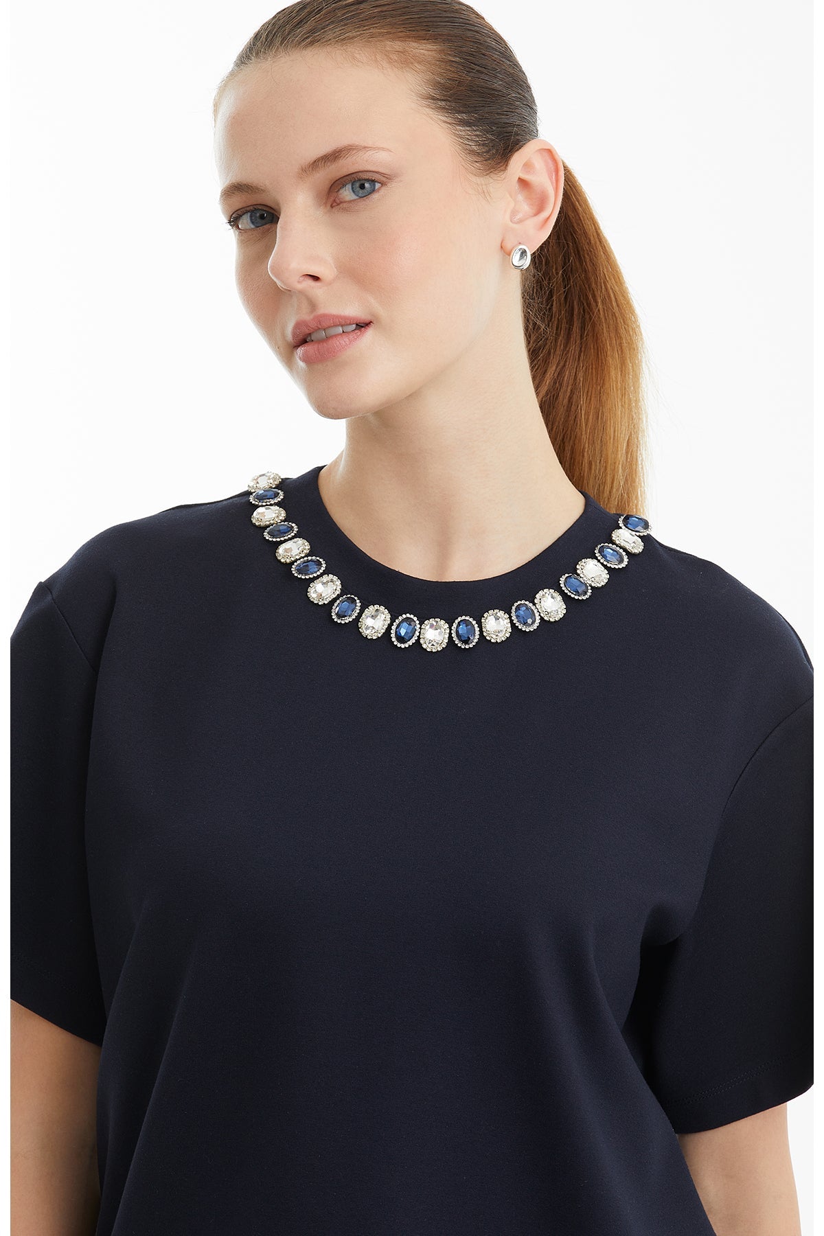 Dark Navy Embroidered Collar Short Sleeve T-Shirt