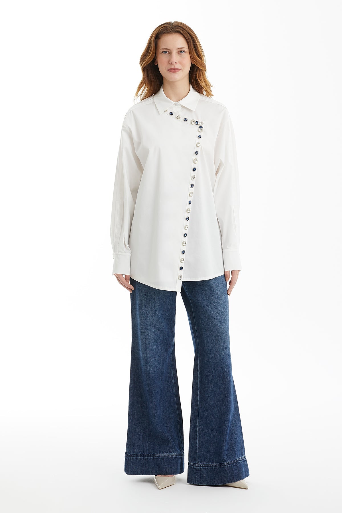 White Asymmetric Detail Embellished Shirt