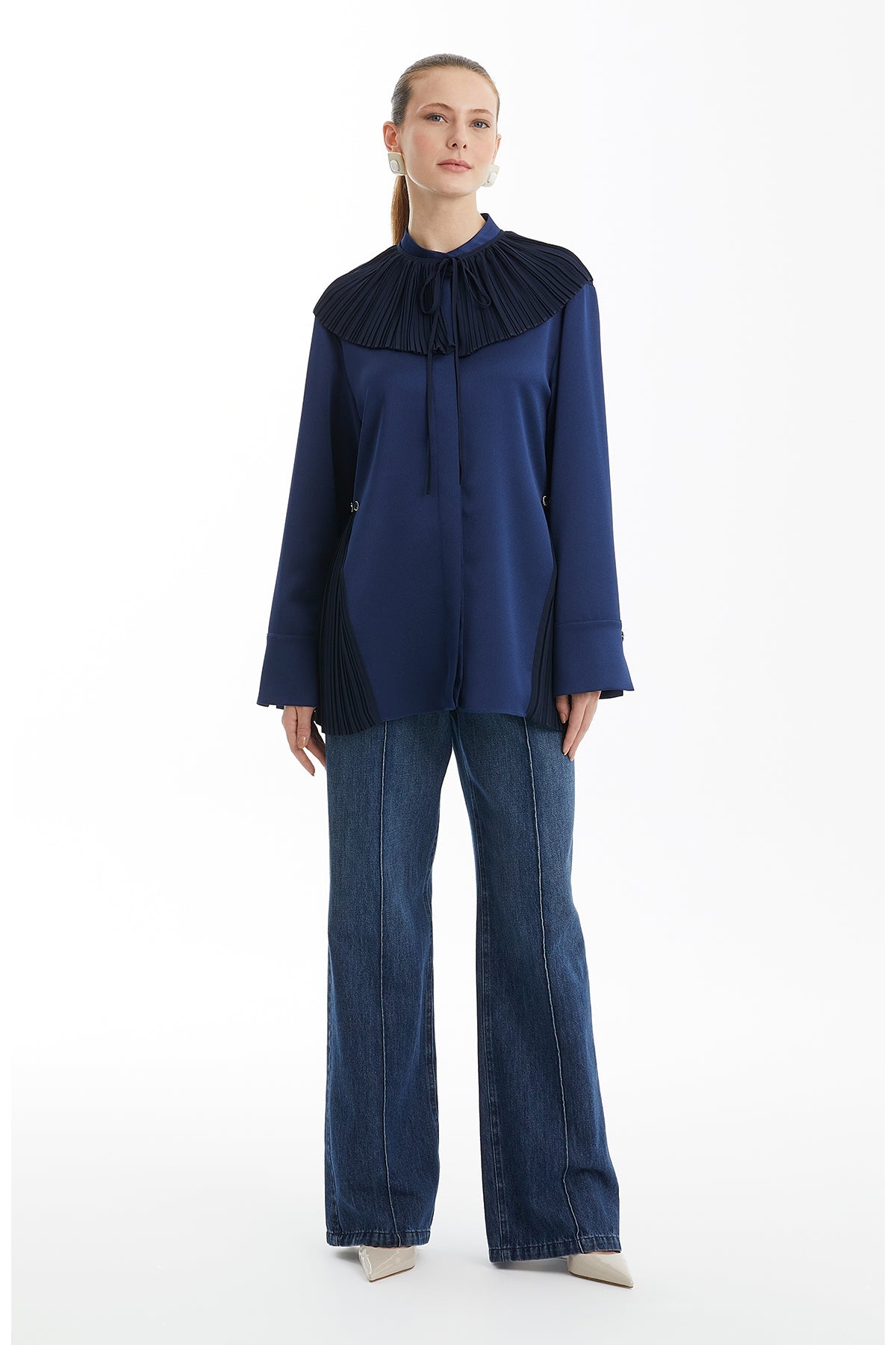 Dark Navy Pleated Collar Detail Shirt