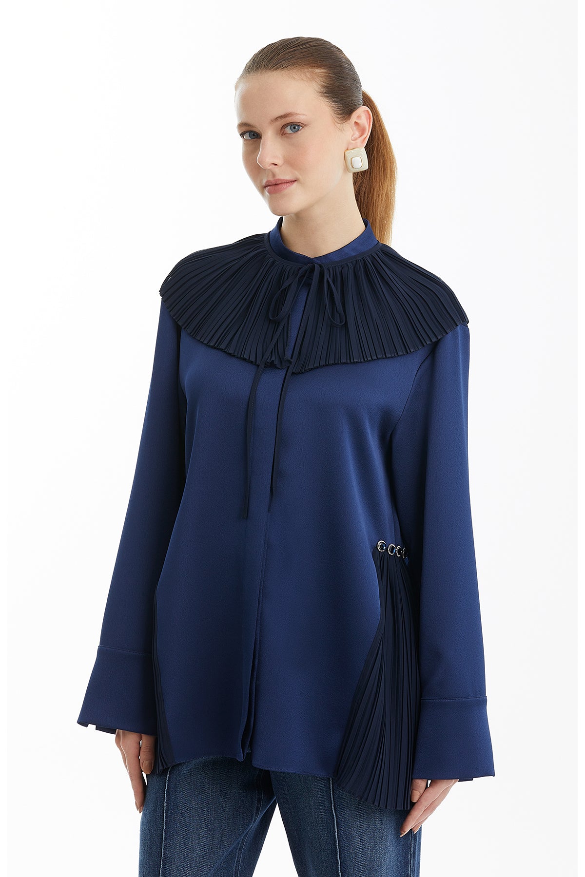 Dark Navy Pleated Collar Detail Shirt
