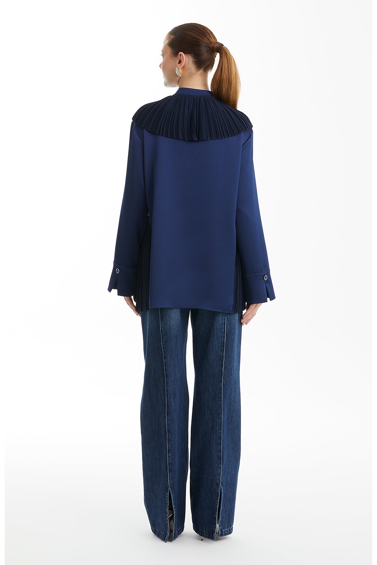 Dark Navy Pleated Collar Detail Shirt