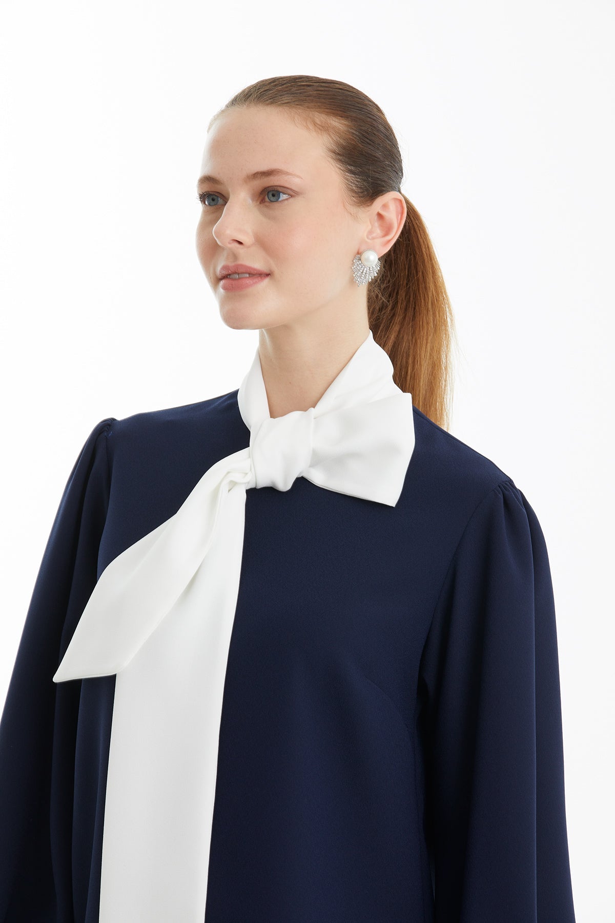 Dark Navy Long-Sleeve Blouse with Scarf Detail