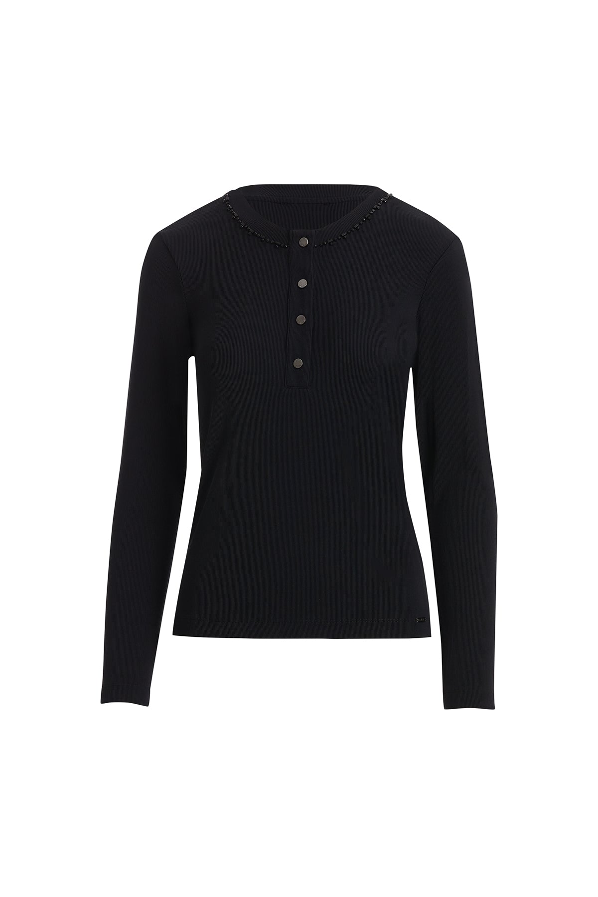 Black Long-Sleeve Blouse with Embroidered Collar