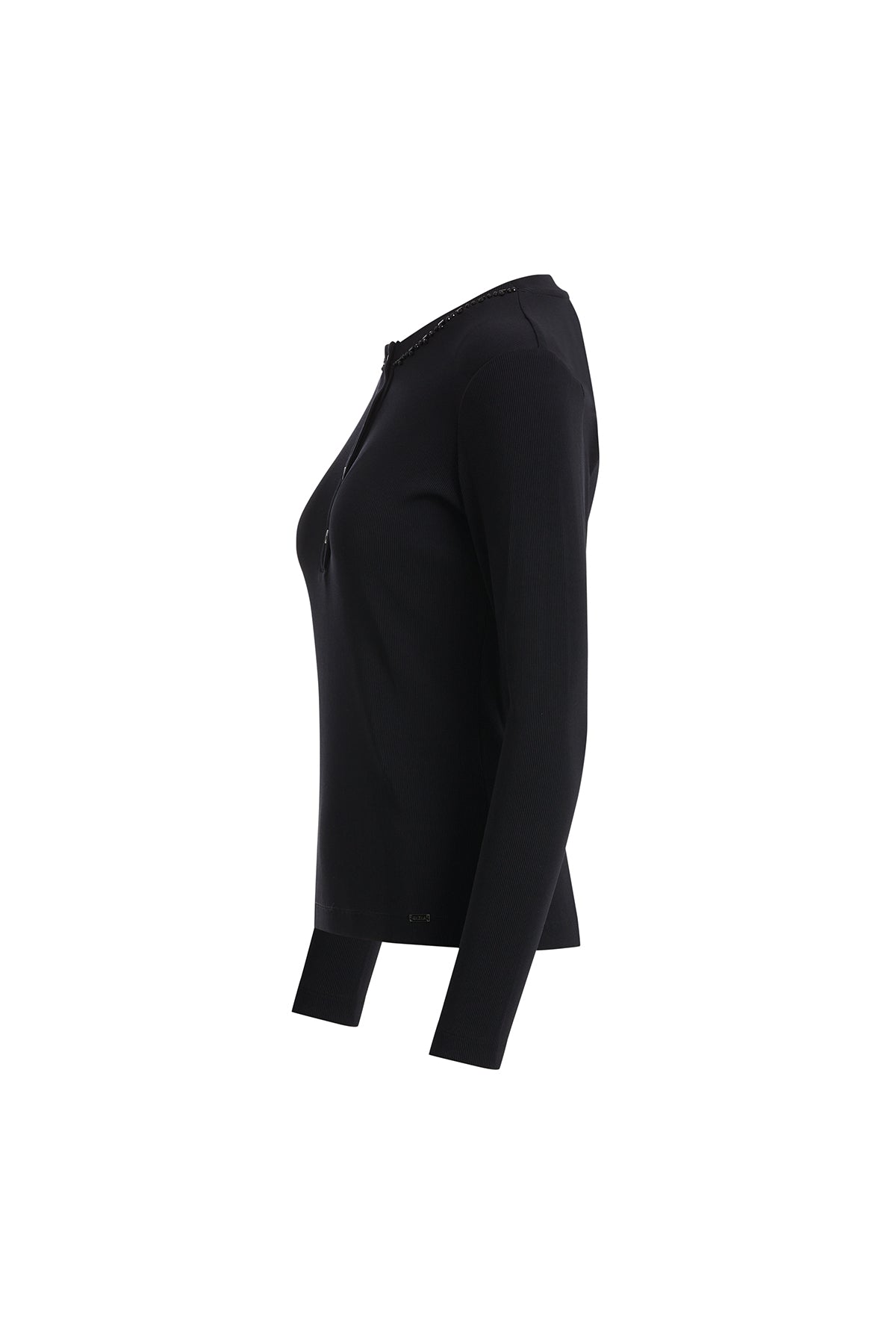 Black Long-Sleeve Blouse with Embroidered Collar