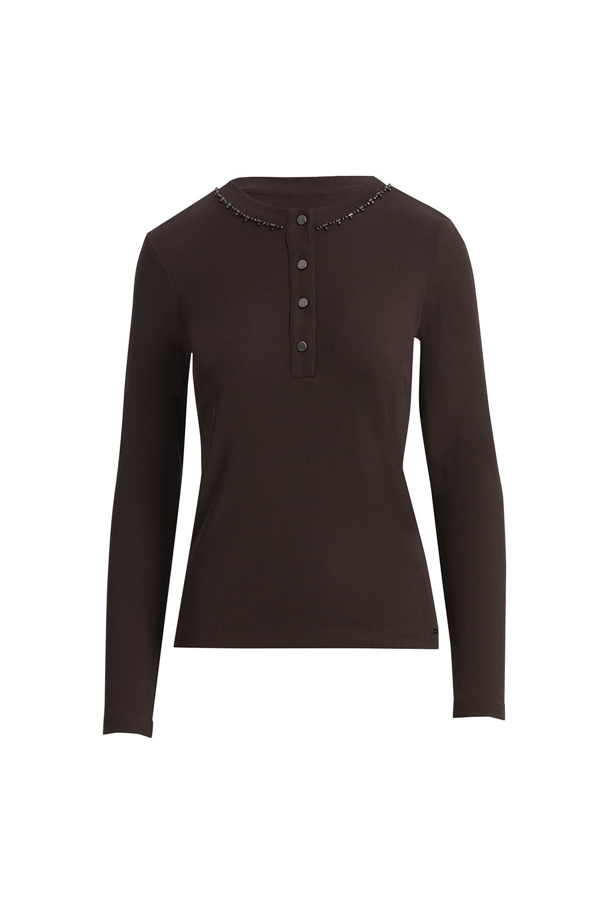 Brown Long-Sleeve Blouse with Embroidered Collar
