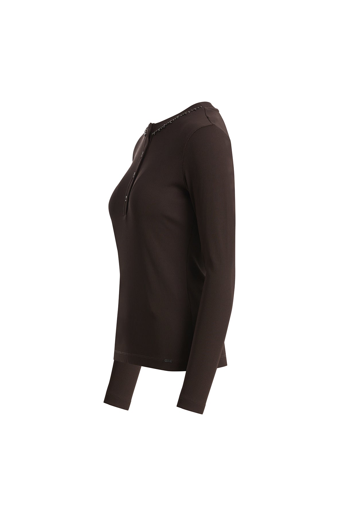 Brown Long-Sleeve Blouse with Embroidered Collar