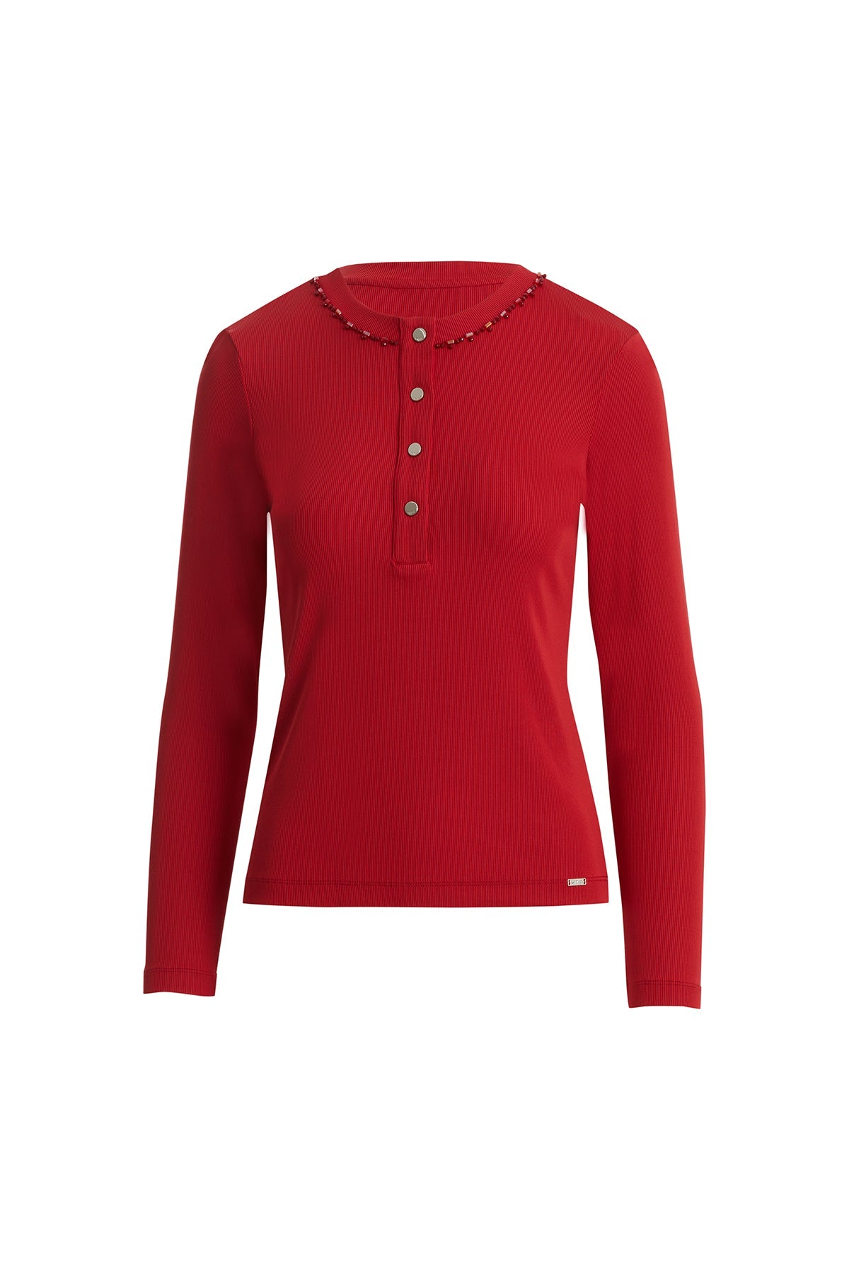 Red Long-Sleeve Blouse with Embroidered Collar