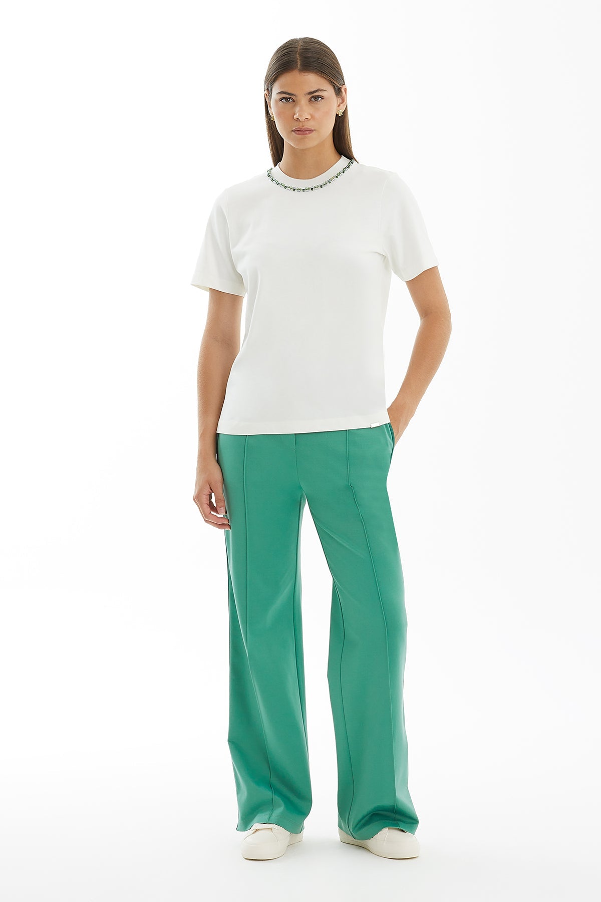 Ecru Embroidered Collar Detail T-Shirt
