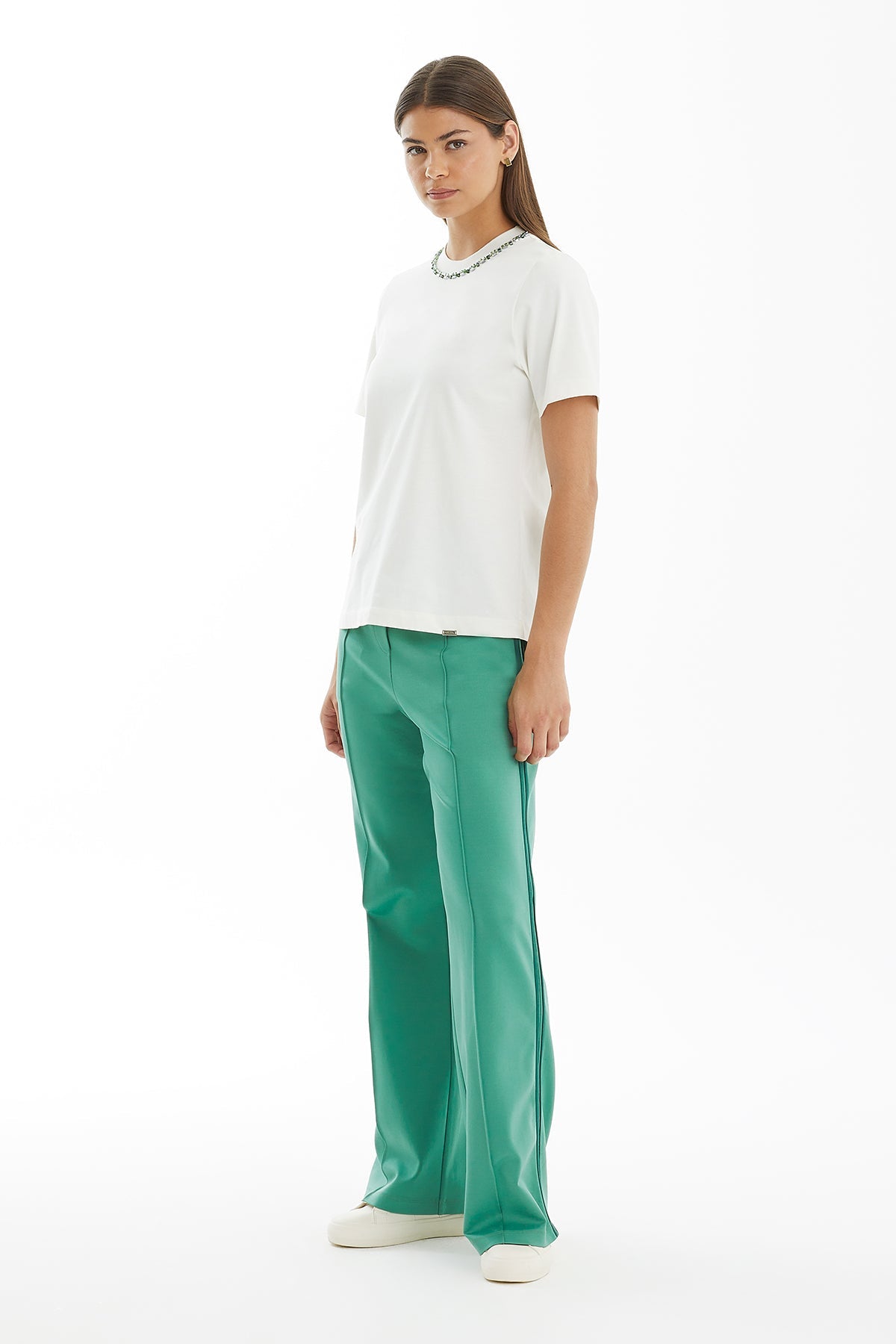 Ecru Embroidered Collar Detail T-Shirt