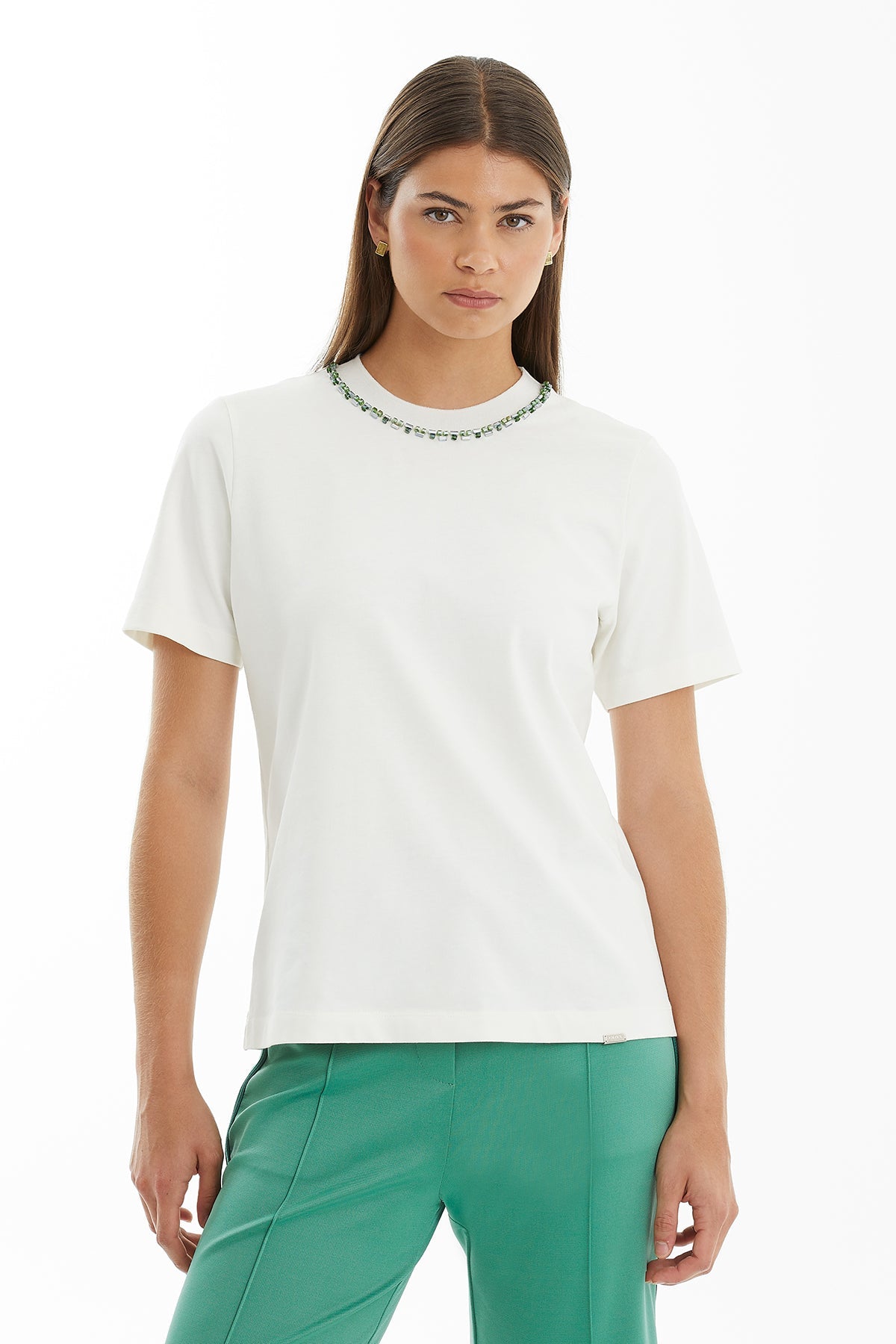 Ecru Embroidered Collar Detail T-Shirt